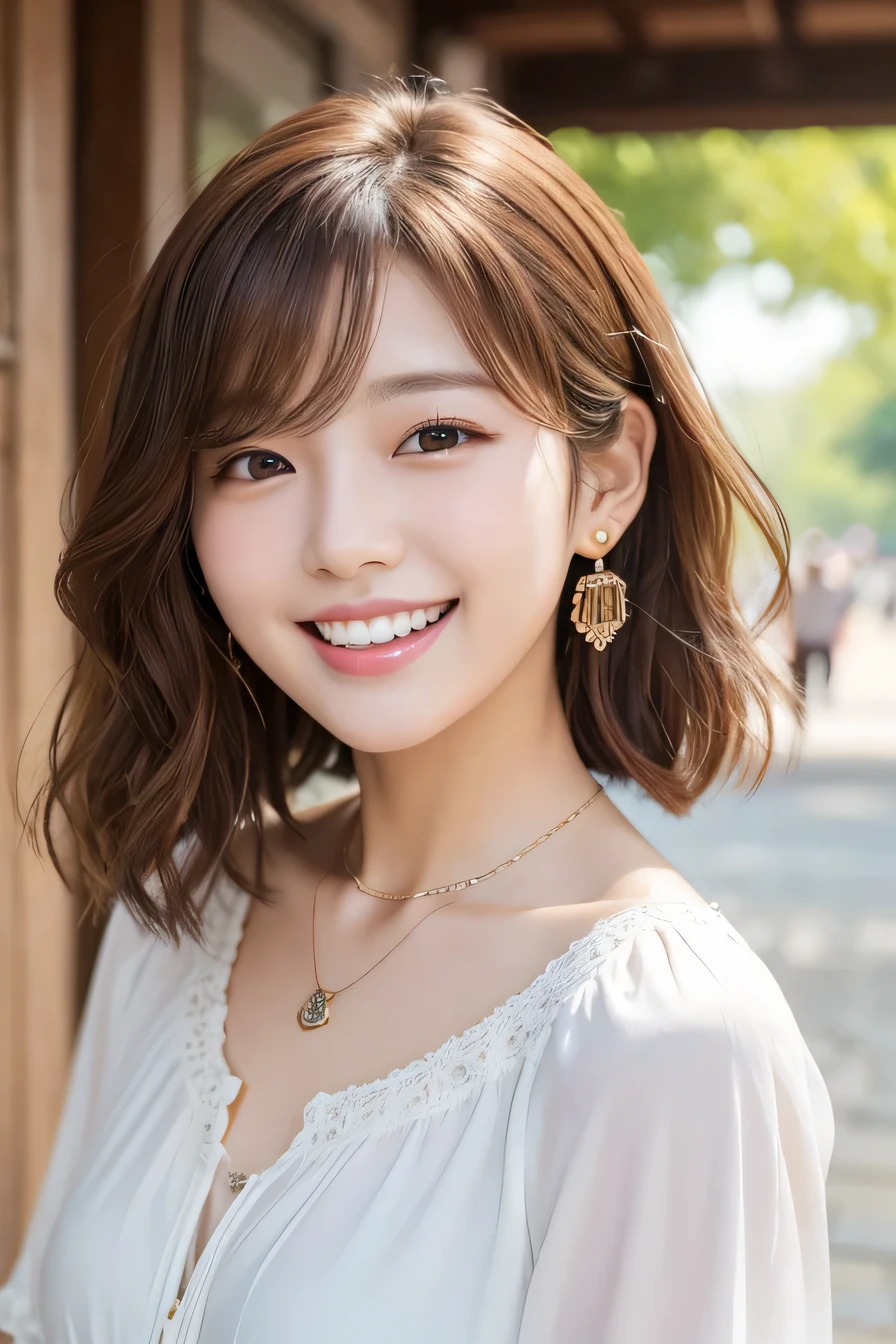 Beautiful young woman、 Korean women、Light brown hair、Wavy Hair、short hair、ear piercing、Necklace around the neck、blouse、smile、Laughing with your mouth open、Beautiful teeth alignment、Intricate details, Very detailed:1.2), 、 Looking into the camera,The background is the town