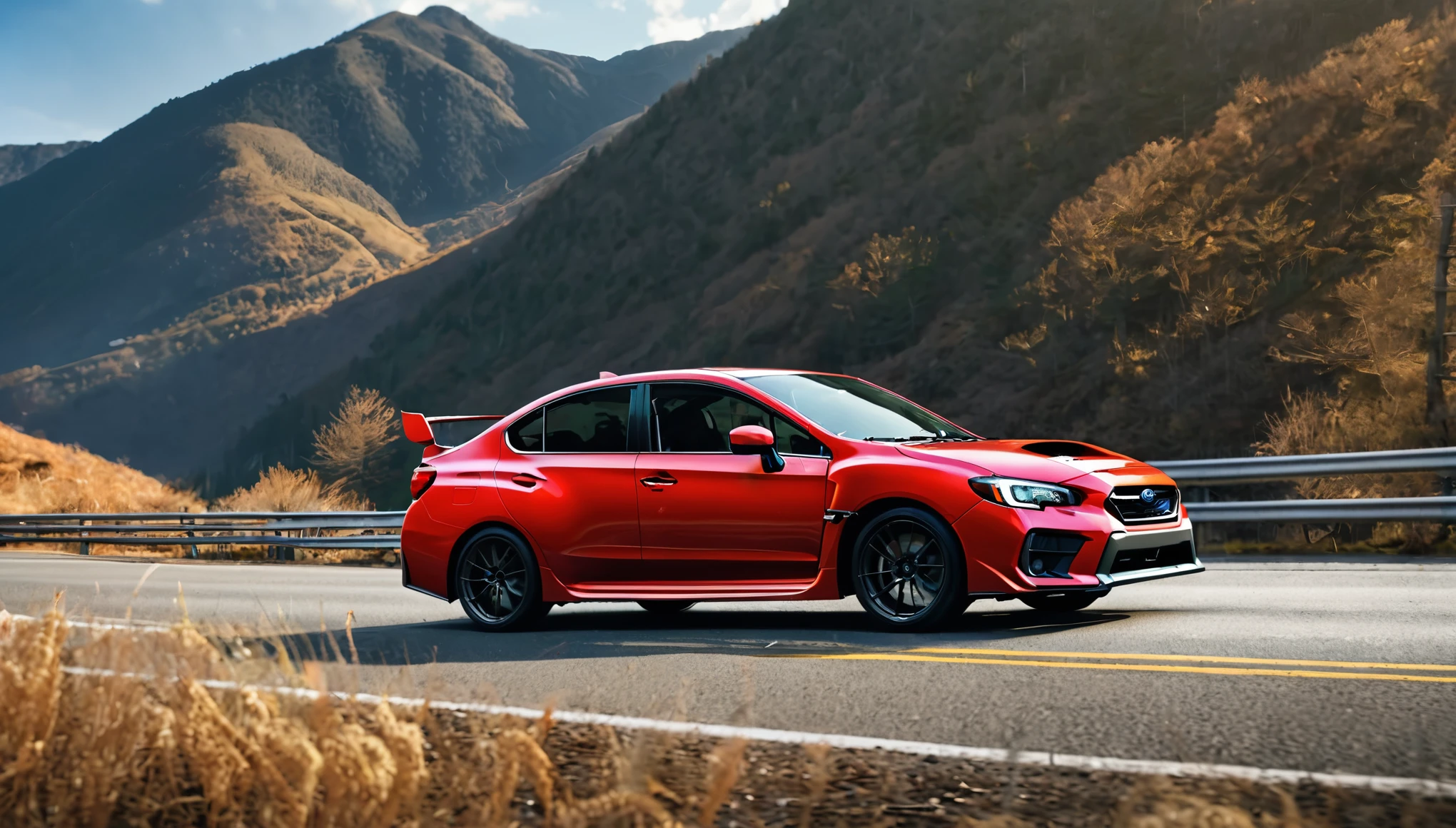 A red 2020 Subaru WRX STI、A scene of cruising on the public road bathed in warm light.、Picturesque mountain々Against the backdrop of、Photorealistic and hyper-realistic、And it&#39;s an absolutely stunning depiction.。This high-definition masterpiece is packed with attention to detail.、It feels like you&#39;re stepping out of the wallpaper onto the road。The sun sets behind the mountains、Casts a long, dramatic shadow、Adding a touch of surrealism to this car enthusiast&#39;s dream。