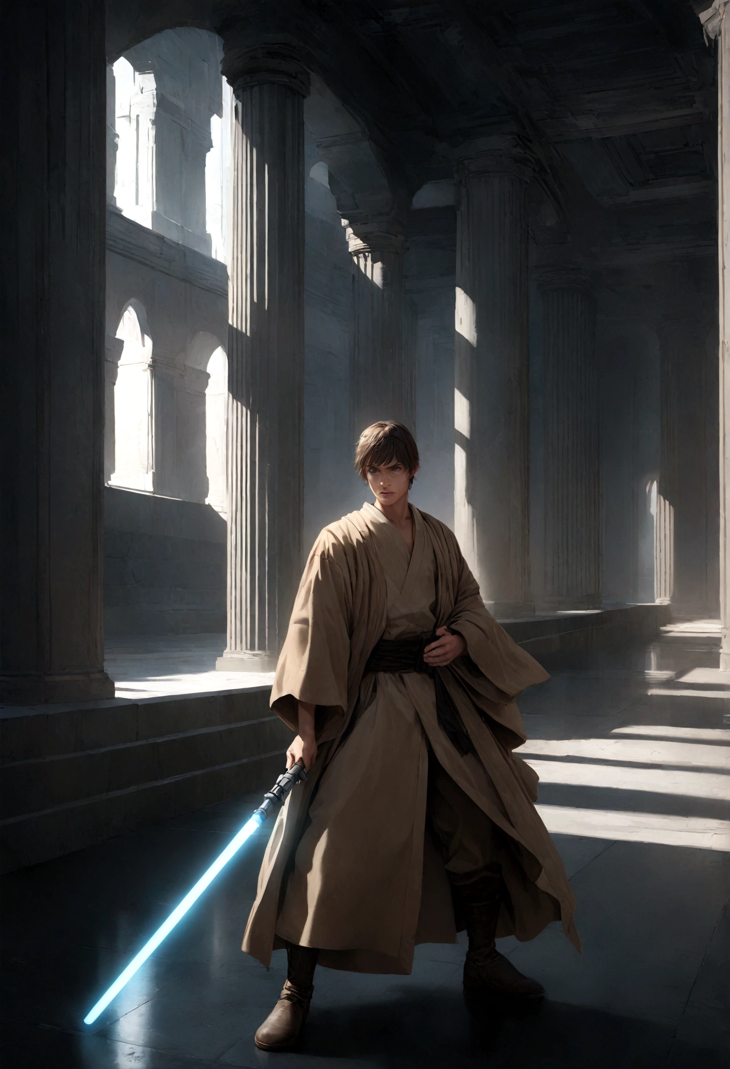 A highly detailed CGI rendering of a young human male Jedi warrior in a fighting stance, preparing for battle. He holds a single ignited blue lightsaber in his right hand, extended forward, and his left hand is extended back behind him. He wears simple brown Jedi robes and boots. His facial expression is extremely focused and determined. The background is an empty futuristic grey temple interior illuminated by the glow of the lightsaber. Extremely realistic and cinematic lighting in the style of the Star Wars films. 8k resolution, ultra-high quality.