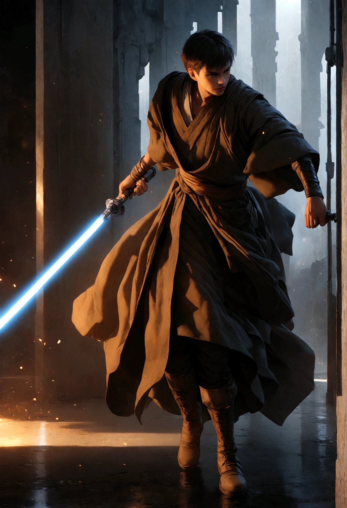 A highly detailed CGI rendering of a young human male Jedi warrior in a fighting stance, preparing for battle. He holds a single ignited blue lightsaber in his right hand, extended forward, and his left hand is extended back behind him. He wears simple brown Jedi robes and boots. His facial expression is extremely focused and determined. The background is an empty futuristic grey temple interior illuminated by the glow of the lightsaber. Extremely realistic and cinematic lighting in the style of the Star Wars films. 8k resolution, ultra-high quality.