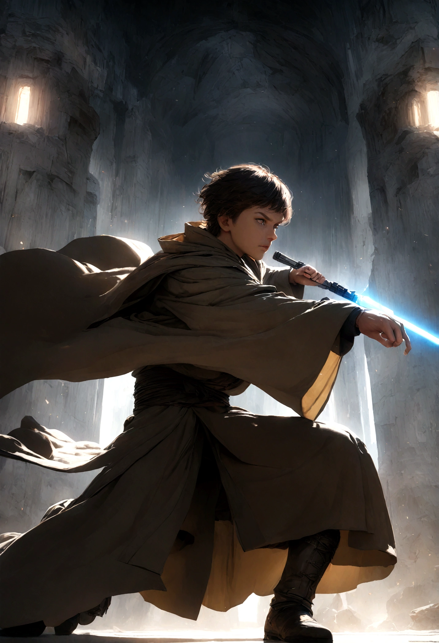 A highly detailed CGI rendering of a young human male Jedi warrior in a fighting stance, preparing for battle. He holds a single ignited blue lightsaber in his right hand, extended forward, and his left hand is extended back behind him. He wears simple brown Jedi robes and boots. His facial expression is extremely focused and determined. The background is an empty futuristic grey temple interior illuminated by the glow of the lightsaber. Extremely realistic and cinematic lighting in the style of the Star Wars films. 8k resolution, ultra-high quality.