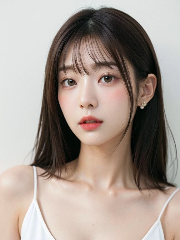 White T-shirt、Silky hair、(背景にWhite wall、Some of her hair is baby pink.:1.4)、White wall、In front of a white door、(窓のあるWhite wallの部屋)、((highest quality、8k、masterpiece:1.3))、Ultra-high resolution、(photoGenuineistic:1.4)、RAW Photos、Japanese,(Detailed aspect)、Genuine、Photographed in natural light、Highly detailed face and skin texture、Highly detailed lips、The correct state of the human body、Medium Hair、Black Hair、Mr.々A pose、Natural color lip