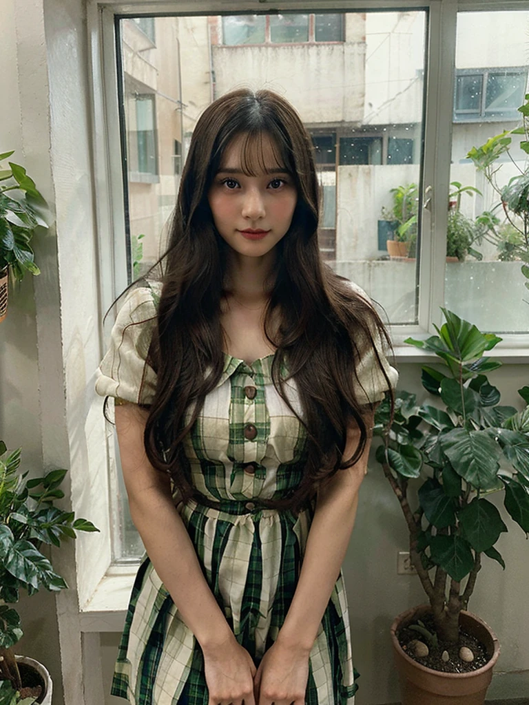 A woman with long dark hair is photographed standing in front of a window, big boos,wearing school mam dress. The dress has a ruched bodice and the woman has a relaxed, natural expression on her face. The background includes a green-framed window and some potted plants, creating a warm, inviting atmosphere.