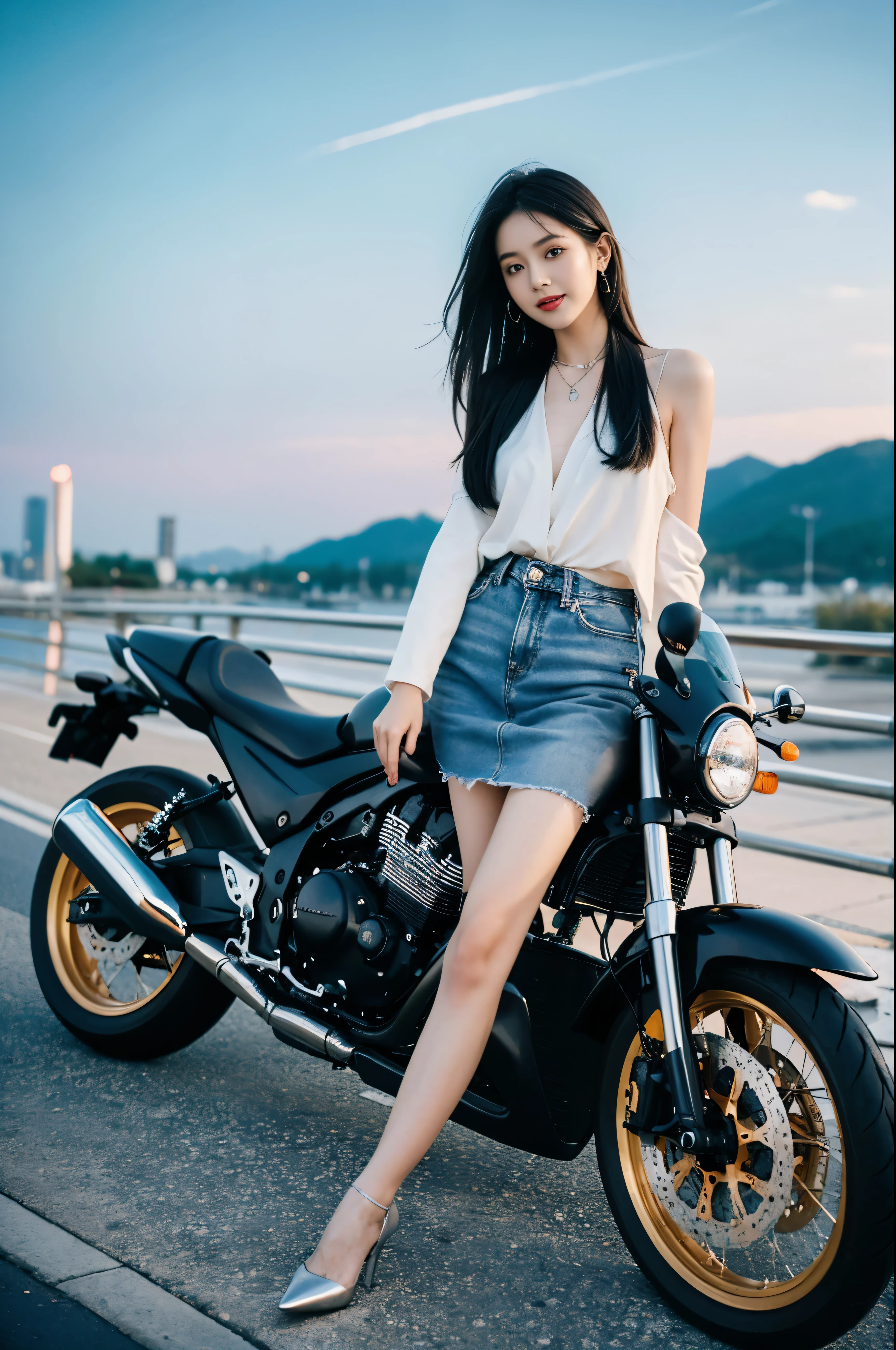 (hyper realisitc) , (illuminations), (Increase the resolution), (8K), (The is very detailed), (Best Best Illustration), (beautidful eyeest quality), (ultra - detailed), (tmasterpiece), ( Wallpapers), (Detailed faces), Sister standing next to the motorcycle,tall and slim figured,Wearing black leather jacket,Wear yours with a pair of skinny jeans,Showing off her slender legs。Her makeup is exquisiightly apply powder,Make her skin look fairer and more delicate。Her long black hair is spread over her shoulders,Gently flutter with the wind,Adds a bit of chicness and 。
Her eyes were bright and focused,the corners of your mouth rise slightly,Show a confident smile。A silver necklace is worn around his neck,Adds a bright color to the whole outfit。Wearing a pair of black high heels on her feet,Make her more upright and confident。
My sister exudes a unique temperament,Full of fashion and vitality,Without losing the femininity and gentleness。She is standing next to the motorcycle,Like a beautiful landscape,Attracting the attention of everyone around。
