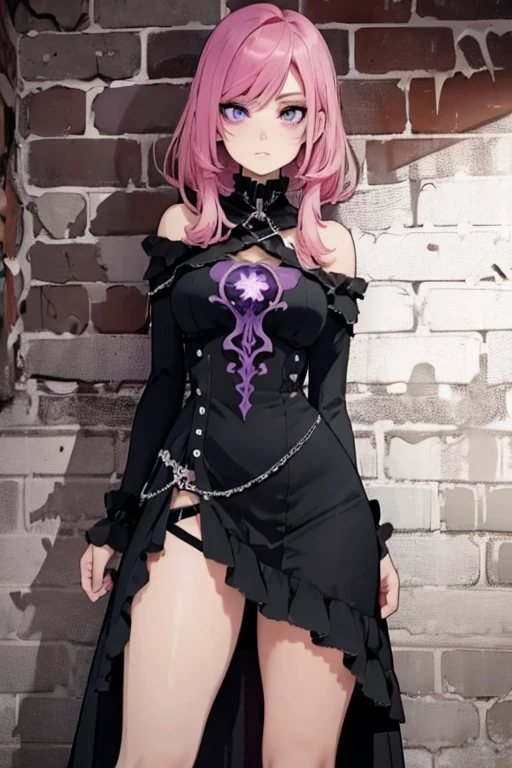 A pink haired female reaper with violet eyes with an hourglass figure in a cool dress is leaning against a brick wall