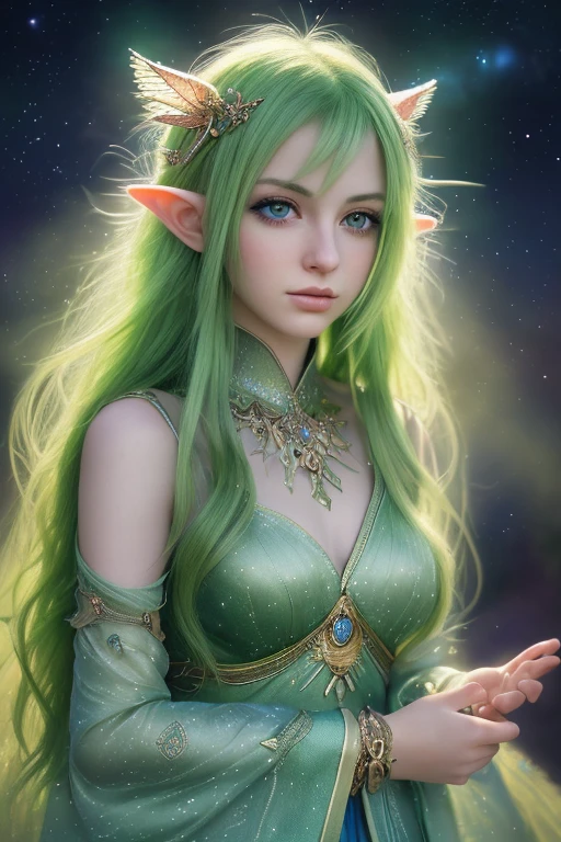 1girl, standing on earth, looking up at night sky, shimmering stars, beautiful detailed eyes, beautiful detailed lips, extremely detailed eyes and face, long eyelashes, serene expression, vibrant colors, dynamic composition, tranquil, (best quality,4k,8k,highres,masterpiece:1.2),ultra-detailed,(realistic,photorealistic,photo-realistic:1.37),animal cosplay,green long hair,FINAL FANTASY,kawaii Japanese,animal eyes,fantasy,dreamy,ethereal,magical realism,soft lighting,glowing,detailed background,cat eye,elf  Tinkerbell
