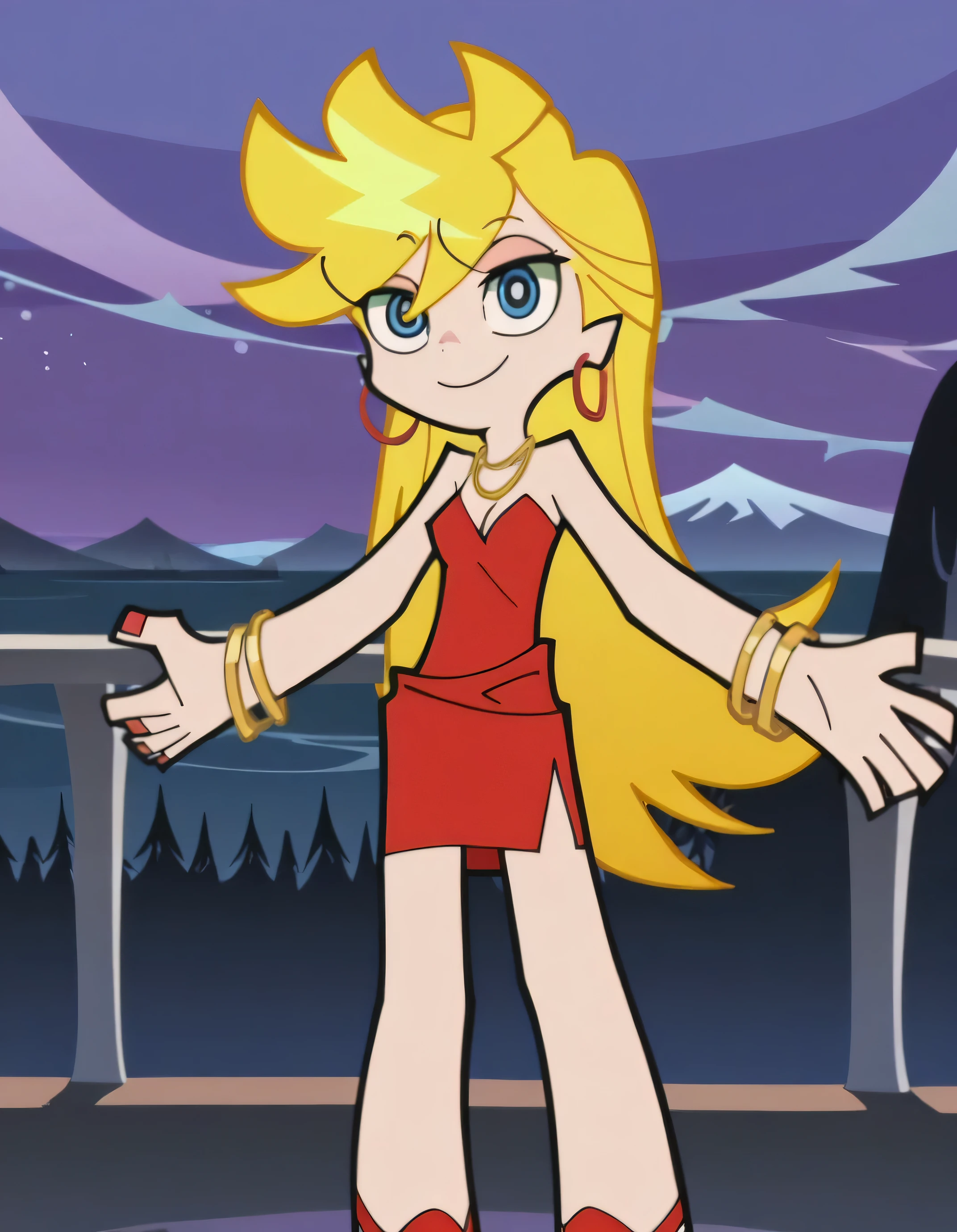 p&s style, rating_safe, score_10, sharp, anime screencap, flat shadows, flat colors, panty, blonde hair, red dress, sleeveless, hoop earrings, bare shoulders, cleavage, night sky, hills and mountains, smile, blue eyes, standing up straight on the balcony, and stars sparkles, in the center, looking at viewers