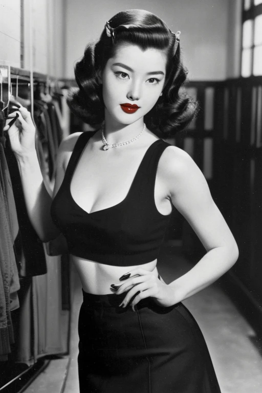 1952, Seoul, (1 korean young girl), Coca Cola Advertisement, Pinup Art by Gil_Elvgren and Haddon_Sundblom, 
[ Iliza Shlesinger |Kiernan Shipka] , sweater vest, pencil skirt, and mary jane pumps , storage room ,
Coke Girl, (big breasts, strikingly beautiful, delicate facial features, porcelain skin, expressive eyes, black hair, red lips), (hairstyle of the 1950s)