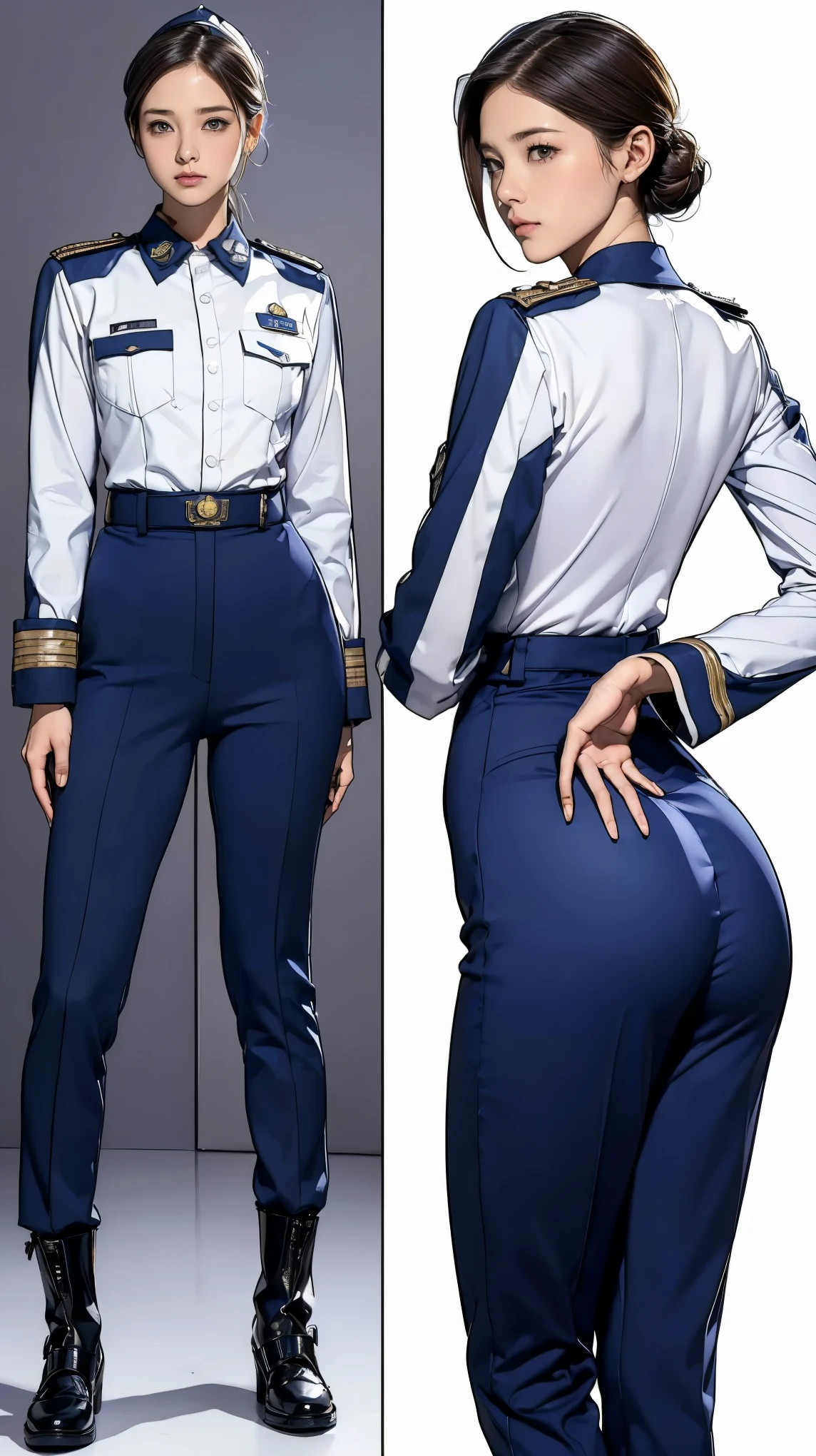 ((masterpiece)),(((highest quality))),((Reference Sheet, Character Design, front, return, ~ ~ side, Mr..々Hairstyle, Mr..々Performance, Facial Expressions)), 14-year-old girl, Cute type, (Very slim:1.4), (Very small ass:1.4), Realistic buttocks, Medium chest,Short Bob, Thin thighs, Long legs, It's not a big deal,(A female Earth Federation officer is walking), (Wearing Earth Federation military uniform, White and navy blue military uniform),(Worn by federal government employees'White Hat:1.5)