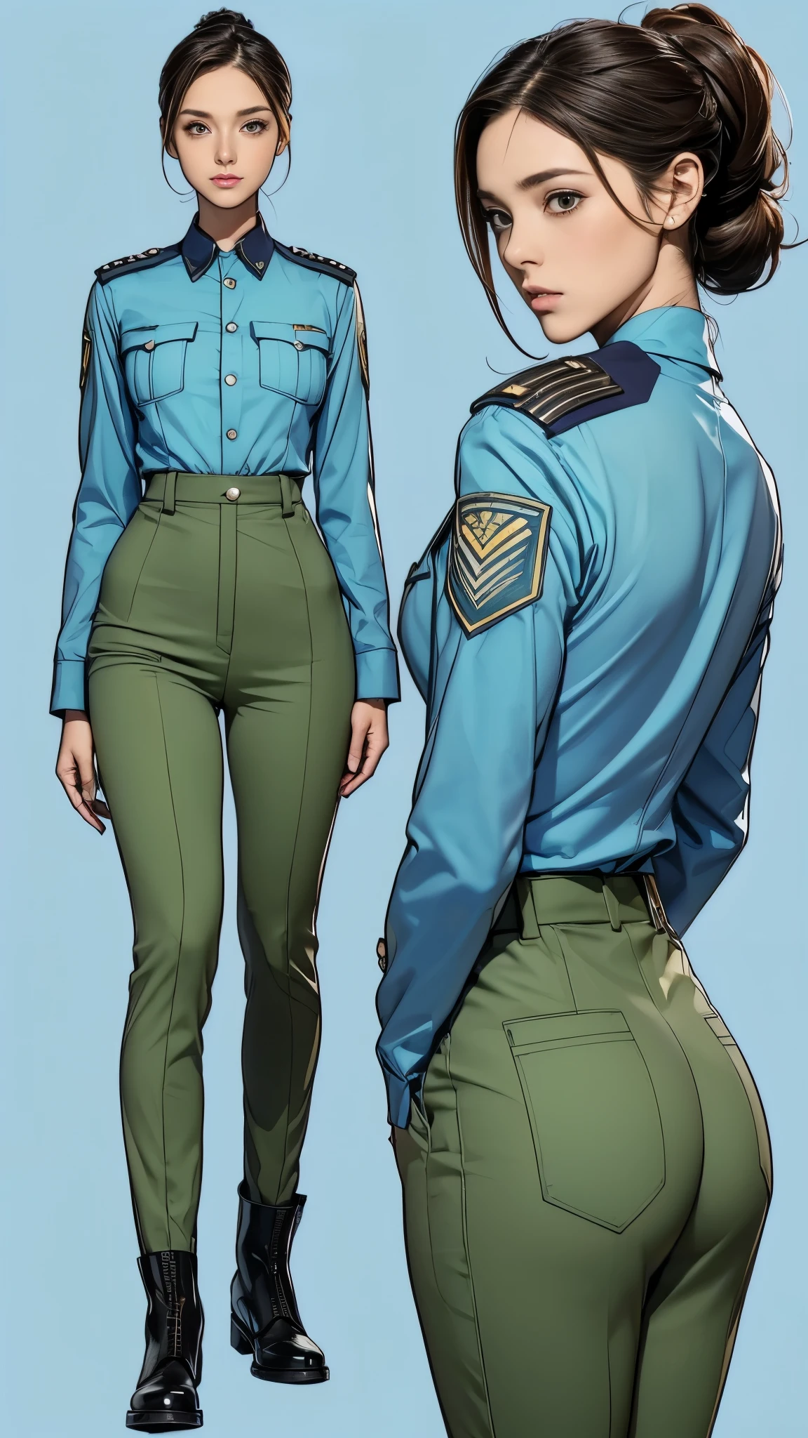 ((masterpiece)),(((highest quality))),((Reference Sheet, Character Design, front, return, ~ ~ side, Mr..々Hairstyle, Mr..々Performance, Facial Expressions)), , Cute type, (Very slim:1.4), (Very small ass:1.4), Realistic buttocks, Medium milk, Short brown hair，Thin thighs, Long legs, It's not a big deal,(A female Earth Federation officer is walking), (Wearing Earth Federation military uniform, White and light blue military uniform),(Worn by federal government employees&#39;White Hat:1.5)