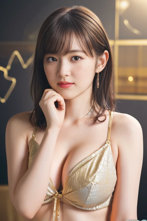 Highly detailed CG Unity 8k wallpaper, top quality, super detailed, masterpiece, realistic, photorealistic, highly detailed cute girl, (), blush, round eyes, medium breasts, long legs, gold bikini , (crowd) , (short cut)