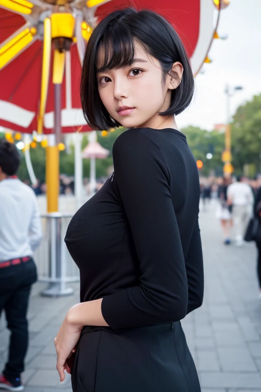 (High resolution:1.3), (16k, Photorealistic, Raw photo, Best image quality: 1.4), Japanese, (One Girl), Beautiful Face, (A vivid face), (Black-haired、short hair:1.3), Beautiful Hairstyles, Realistic eyes, Beautifully detailed eyes, (Realistic Skin), Beautiful skins, attractive, 超A high resolution, Surreal, High detail, Golden Ratio, Highly detailed cute girl,(20-year-old), (boob flash:1.5), Long sleeve、Long trousers、Place your hands behind your back., Ferris wheel、amusement park、Detailed Background、People queuing々