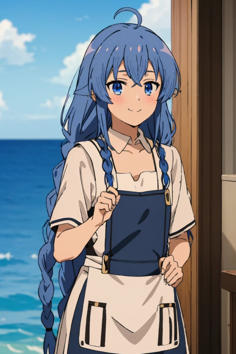 (masterpiece, best quality), music, 1 girl, solitary, Smile, blush, Double braid, long hair, Blue Hair, garlic,  blue eyes, ((apron)), ((nude)), 裸apron，Small Breasts, Upper Body, Everlasting,  looking at the audience, ocean滩, ocean,