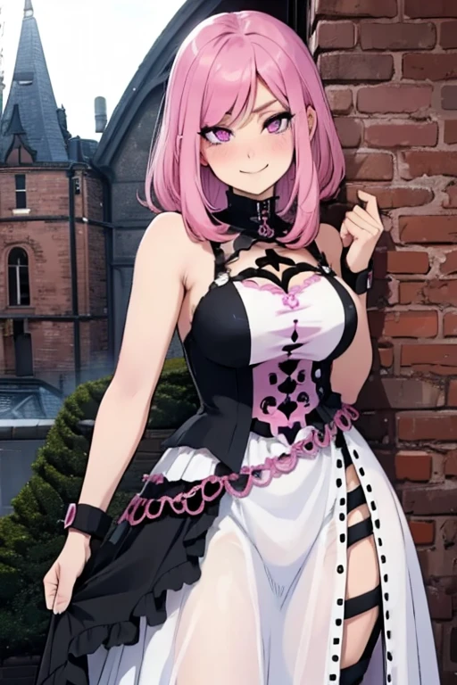 A pink haired female reaper with violet eyes with an hourglass figure in a cool dress is leaning against a brick wall with a blush and a smile