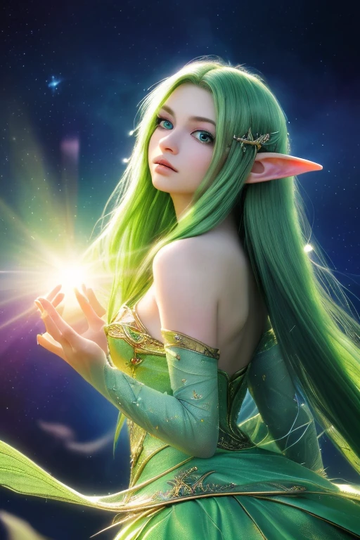1girl, standing on earth, looking up at blue
sky, shimmering stars, beautiful detailed eyes, beautiful detailed lips, extremely detailed eyes and face, long eyelashes, serene expression, vibrant colors, dynamic composition, tranquil, (best quality,4k,8k,highres,masterpiece:1.2),ultra-detailed,(realistic,photorealistic,photo-realistic:1.37),animal cosplay,green long hair,FINAL FANTASY,kawaii Japanese,animal eyes,fantasy,dreamy,ethereal,magical realism,soft lighting,glowing,detailed background,cat eye,elf Tinkerbell