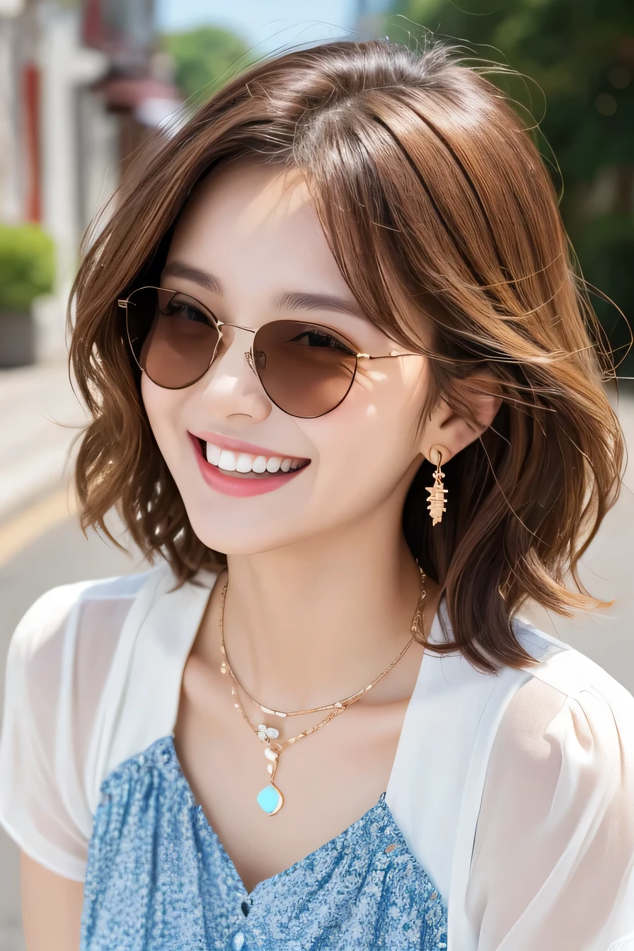 Beautiful young woman、 Korean women、Light brown hair、Wavy Hair、short hair、ear piercing、Misaligned sunglasses、Necklace around the neck、blouse、smile、Laughing with your mouth open、Beautiful teeth alignment、Intricate details, Very detailed:1.2), 、 Looking into the camera,The background is the town