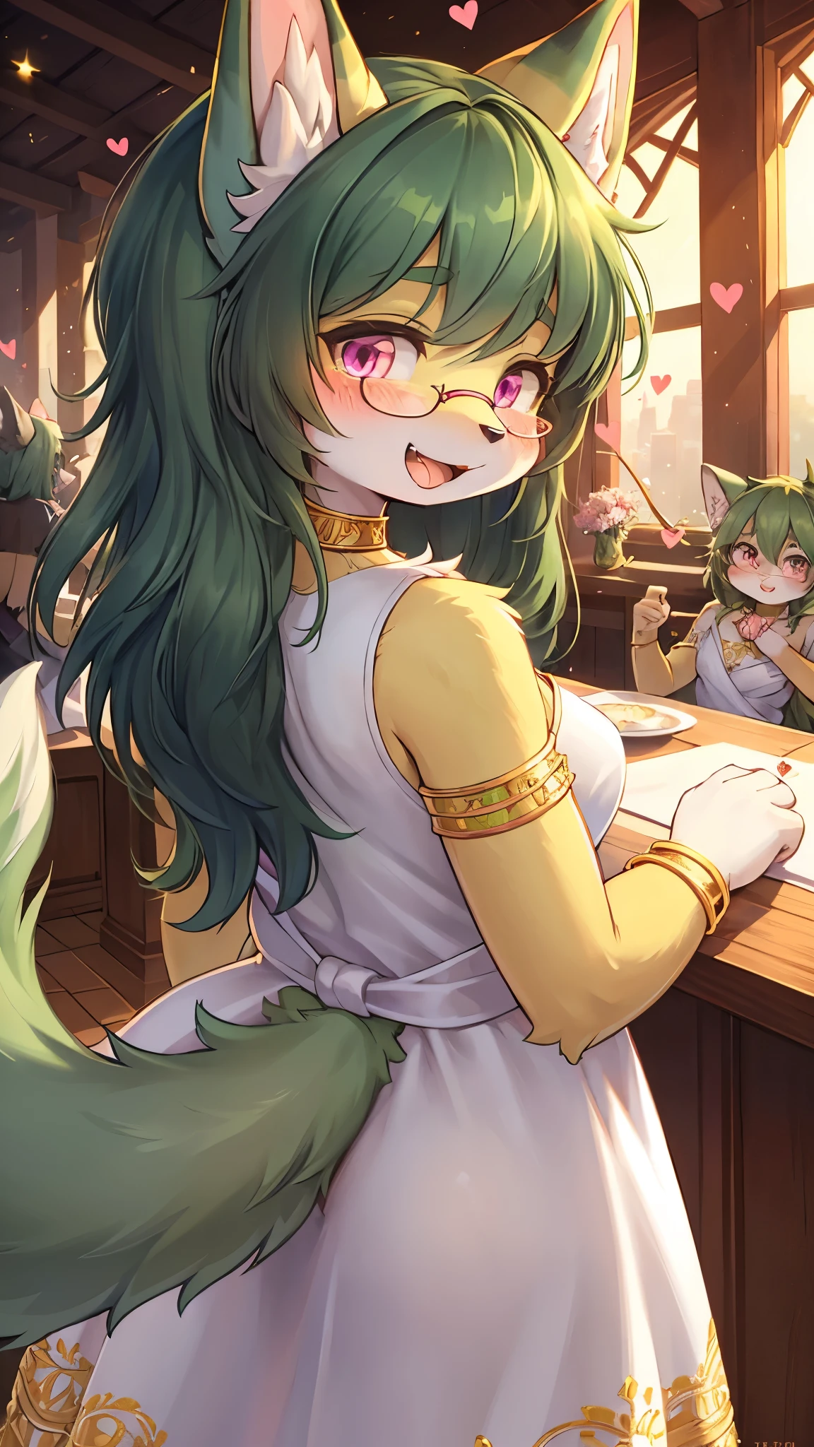 best quality,best resolution,(fluffy anthro furry :1.6),(young :1.6),cat girl,flat chest,(dark green hair :1.6),long hair,wavy hair,pink eyes,glistering eyes,sparkle eyes,ultra detailed eyes,(light yellow fur),(white dress with gold embroidery),heart choker,glasses,floral hair ornaments,gold bracelets,gorgeous restaurant,chanderia,sparkle stars surrounded,romantic light,full face blush,looking back,heart expression eyes,heart eyes,shy face,smile,open mouth,fangs,back view,hand at mouth