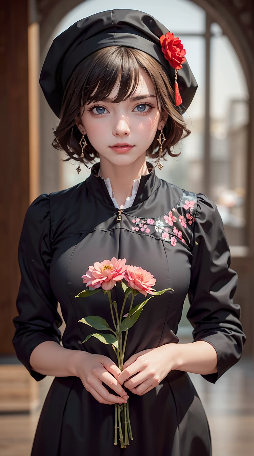 Academic Gowns, Academic Robes, Mortar Board, Square Cap, University Campus, building, cherry blossoms, smile, Two Girls, Detailed uniform, View the viewer, (Sigma 85mm f1.4), Depth of written boundary, Bokeh,  Detailed photorealistic background, Diffused natural light, Diffused, natural skin glow, Face Focus, extremely detailed, (Abstract background, Zentangle, Fractal Art:1.3), (Many colors, colorful:1.1), (feather, petal, Flowers:1.3), Earrings 