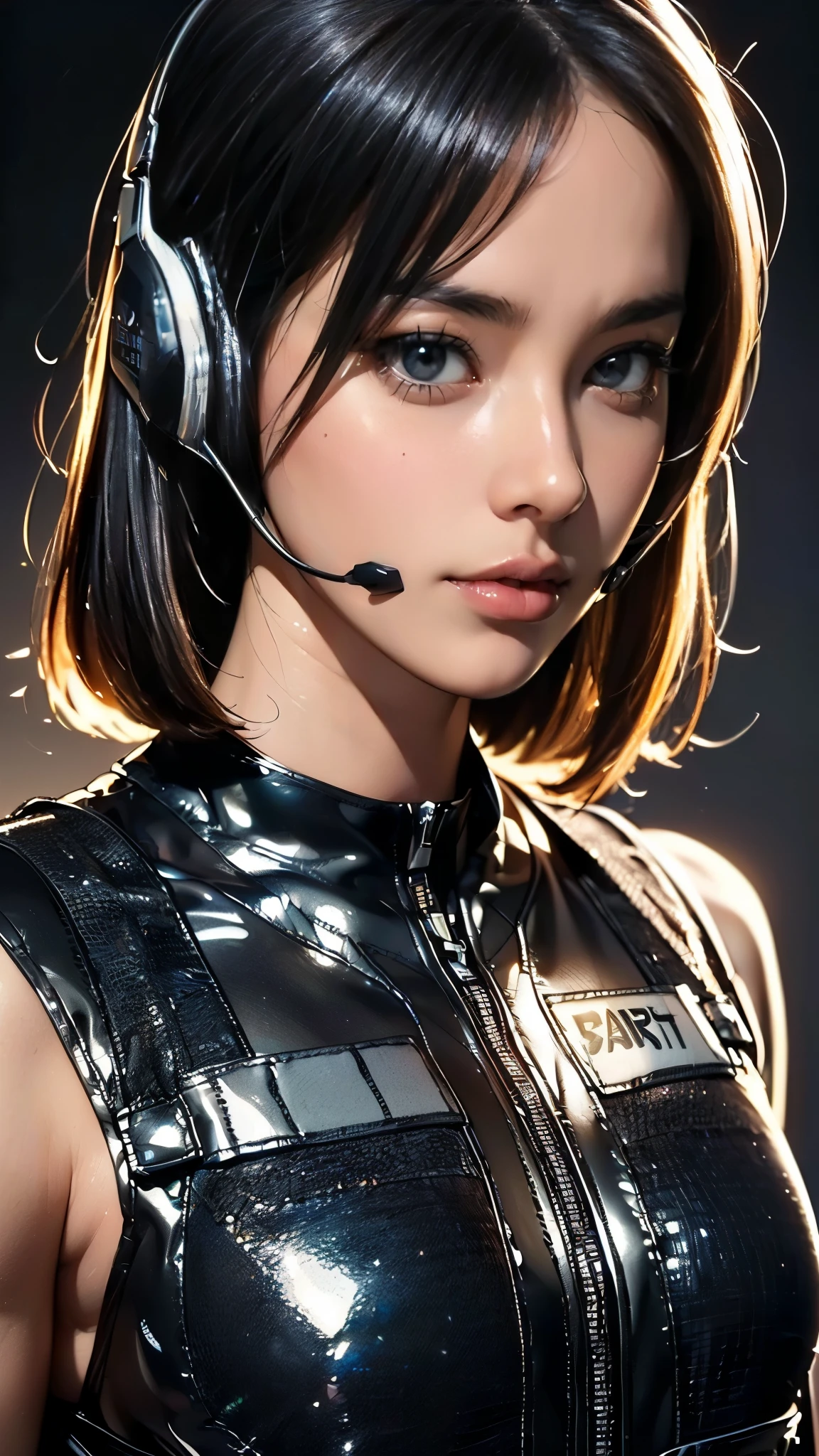 (((masterpiece:1.5),(highest quality:1.5),(Very detailed:1.5),(High resolution:1.5),(Realistic:1.5),(Realistic:1.5),(Delicate depiction),(Gentle colors))),8k,wallpaper,BREAK(One Woman),((Face close-up:1.5)),(front:1.5),Japanese,(Short Bob),(Black Hair),(Beautiful Hair:1.5),(Shiny Hair:1.3),(Detailed hair drawing:1.2),(Looking at me:1.5),BREAK((Black tactical bodysuit:1.5)),((headset:1.5)),((Bulletproof vest:1.5)),((Detailed drawing of the costume:1.5)),(Fine skin:1.5),(Shiny skin:1.3),(Beautiful Face:1.5),(Cute Face:1.5),(A serious face:1.5),(((Muscular:1.5))),((Sexy Looks:1.5)),(The background is the city:1.5),(faint light:1.5),(((Blur the background:1.5)))