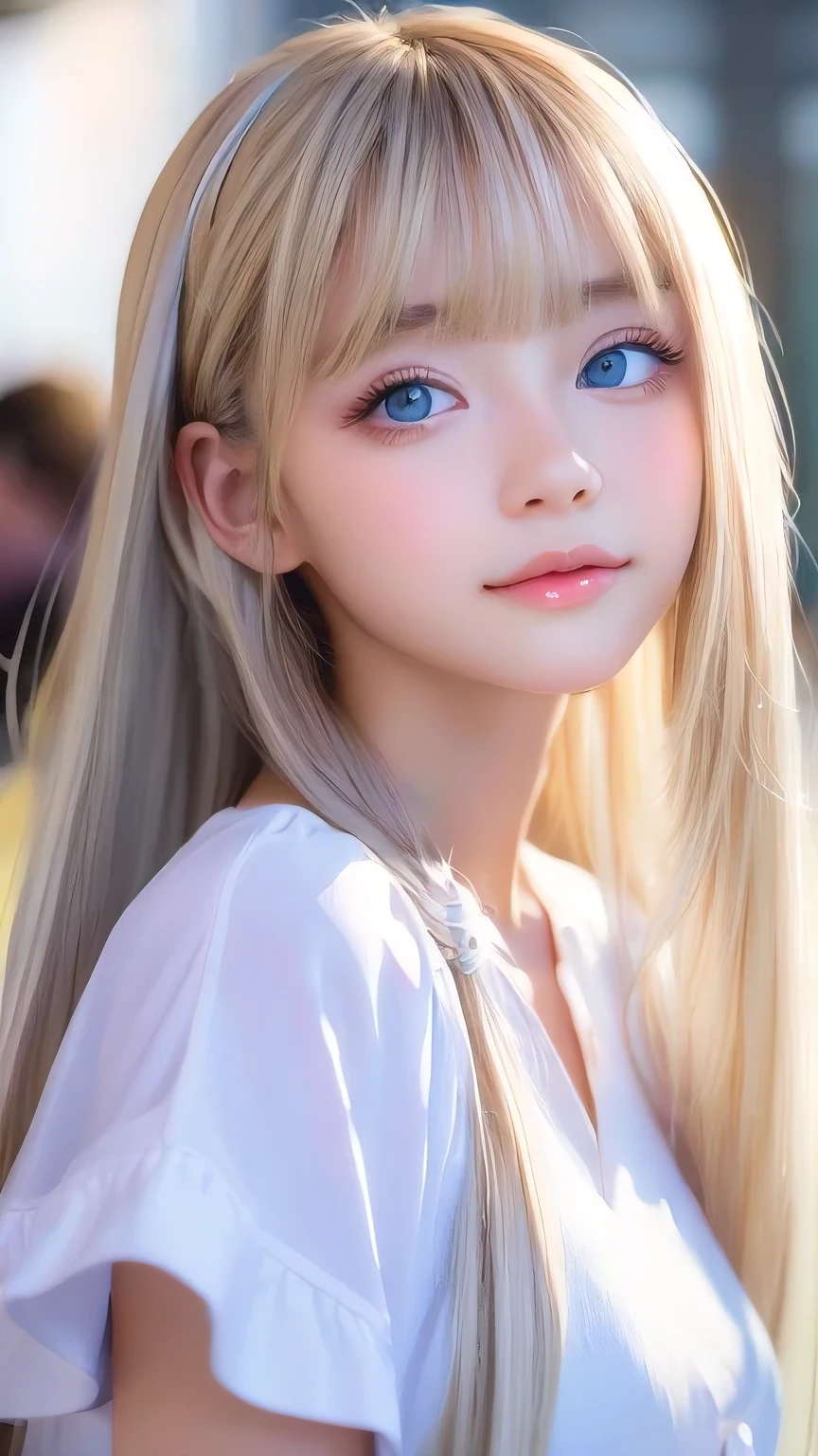 Extraordinary sexy beauty、beautiful, A kind and bright expression、Sexy and refreshing impression、Perfect beautiful Pretty face、Super long ponytail、Bangs that cover the eyes、Facial hair、Super long, Shine mystically、Natural straight platinum blonde hair、beautiful facial hair、very cute、beautifully、Sexy ugly little woman、So perfect and beautiful, Pretty face、Large, bright, light blue eyes that sparkle beautifully、Very big eyes、Very white, like々Brighter skin、Small Face Beauty、Round face