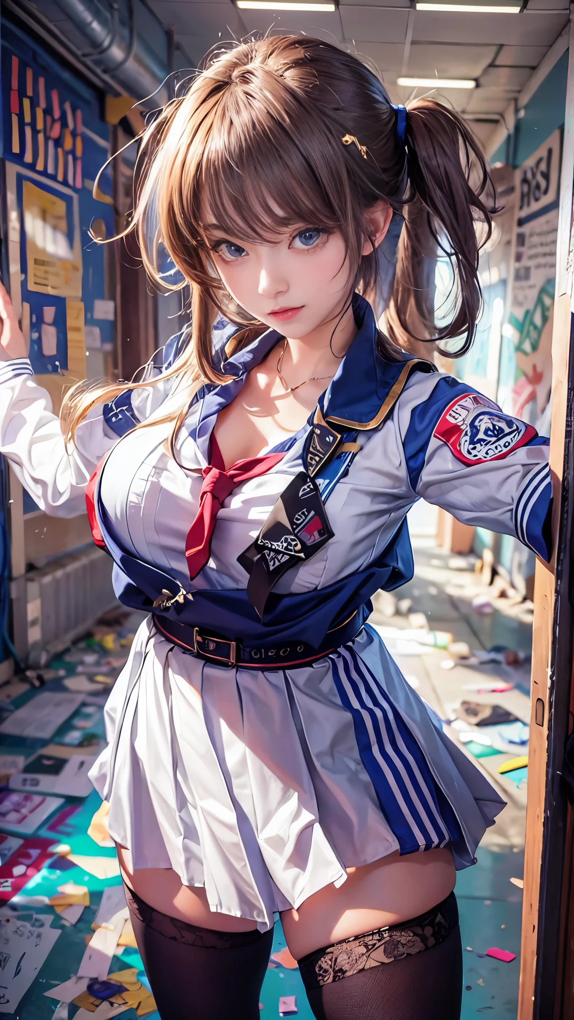 A beautiful high school girl in a sailor uniform, clenching her fist in a fighting pose. A school hallway covered in graffiti and broken windows.A glamour and stylish beauty with gigantic saggy breasts and firm slim body.her up close.