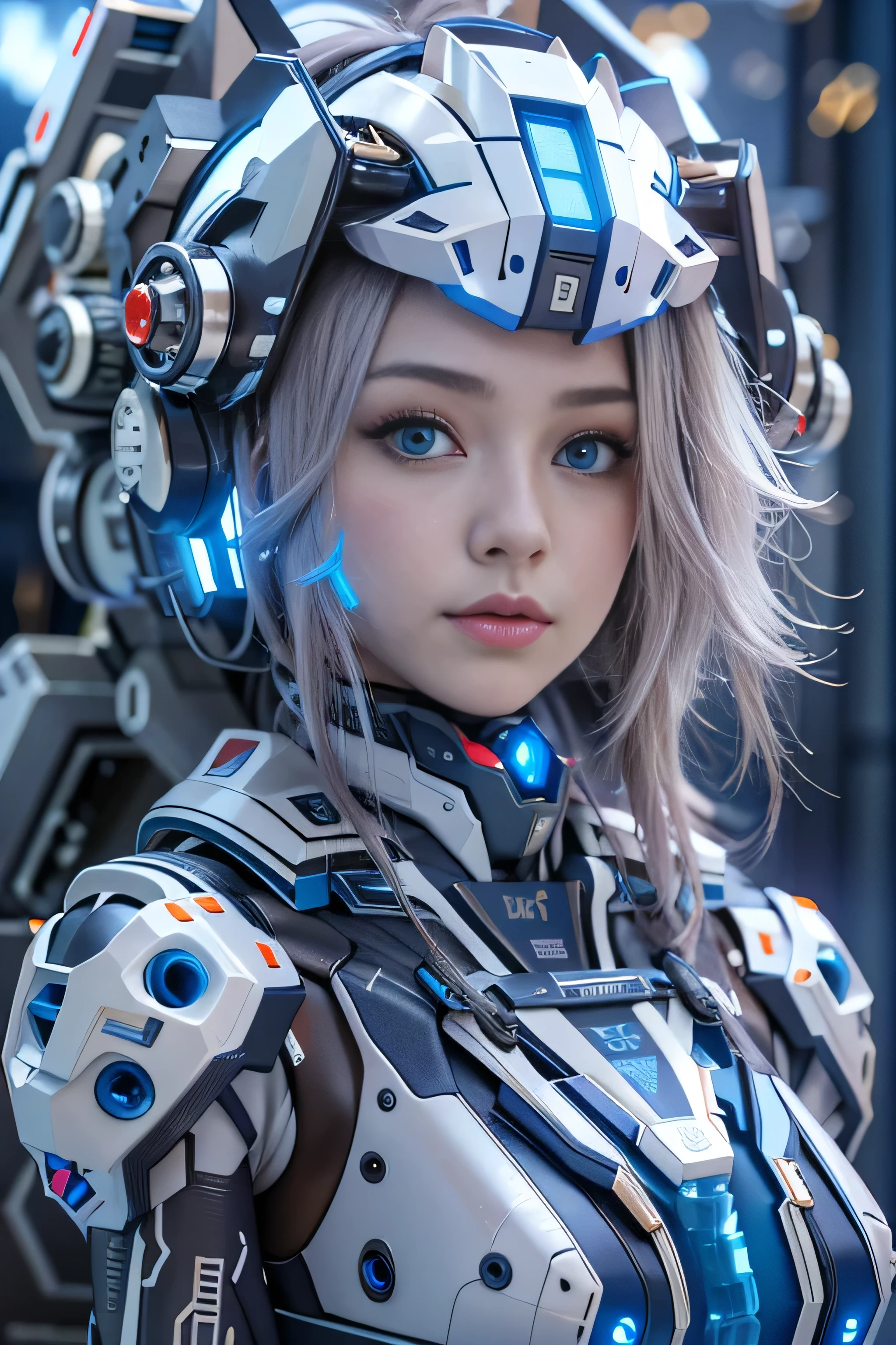 Wide-angle shot, 1 female, Mecha, Sparkling blue eyes, Very cute face, (Realistic:1.37), Biomechanical, Complex robot, Spaceship interior bokeh background, Ultra-realistic, Very detailed, Very intricate details, Beautiful woman in sharp focus, Exposed abdomen,