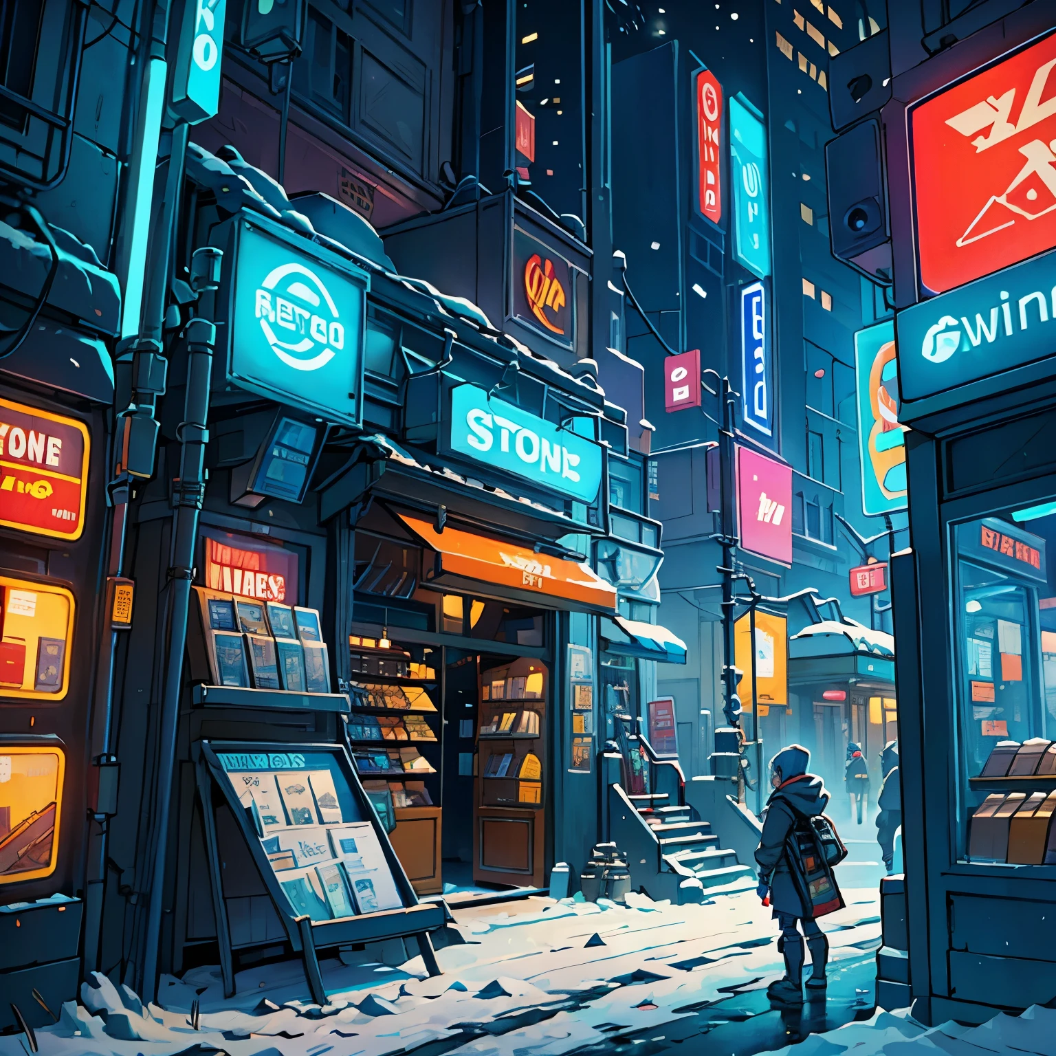 Mecanic store in a futuristic city with snow (Scenario 1.5)