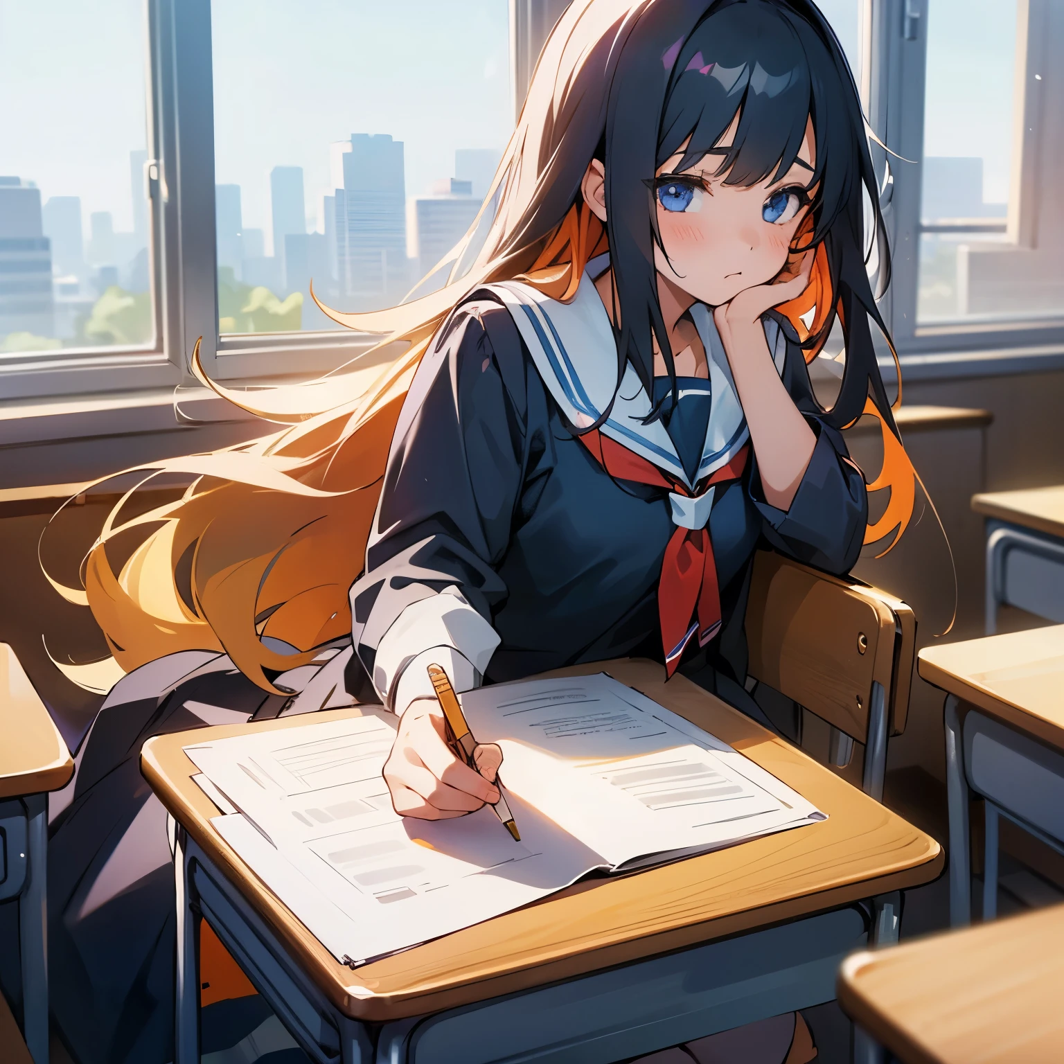 1girl, average size, long hair, wearing, high school clothings, realized school exam, sitting,American school classroom, weekly challenge, 8k, ultra-HD.