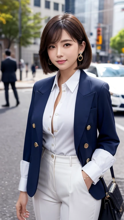 City、Outdoor、building、Japan woman standing, ,smile, (((masterpiece))), ((highest quality)), ((Intricate and detailed)), ((Surreal)), Absurd resolution, 29-year-old, Mature Woman, perspective, Very detailed, figure, One girl, ((heavy chest:1.4)), (Plump Ass),Beautiful fine details, Short Hair, Brown eyes, Name tag, chief executive officer(CEO), (business attire:1.2),(Navy color jacket)((White office shirt)), ((The shirt is buttoned up in the front))、(Navy color pants style), Earrings, Detailed Background, Perfect Eyes, Seductive eyes, Looking at the audience, from the front