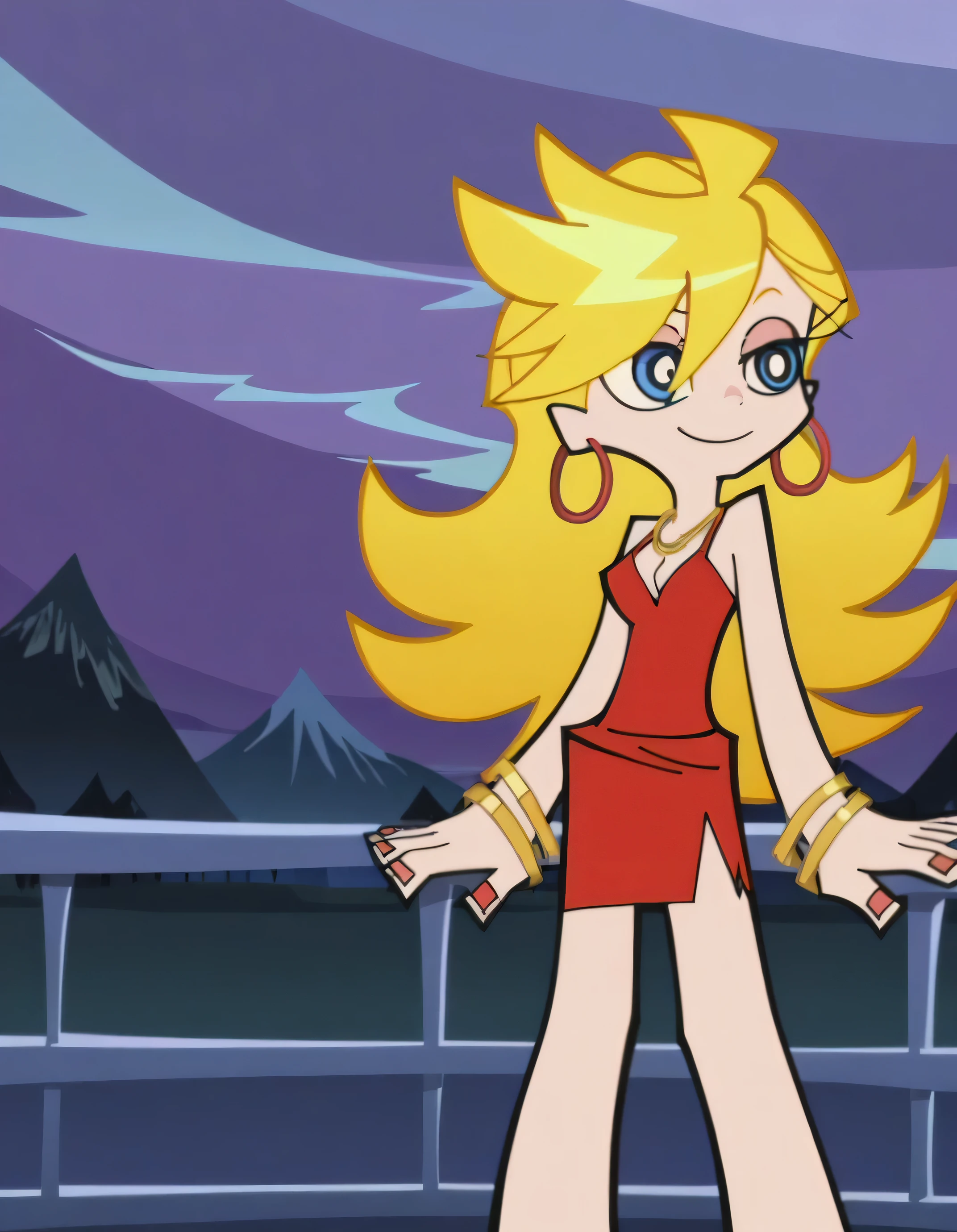 p&s style, rating_safe, score_10, sharp, anime screencap, flat shadows, flat colors, panty, blonde hair, red dress, sleeveless, hoop earrings, bare shoulders, cleavage, night sky, hills and mountains, smile, blue eyes, standing up straight on the balcony, and stars sparkles, in the center, looking at viewers
