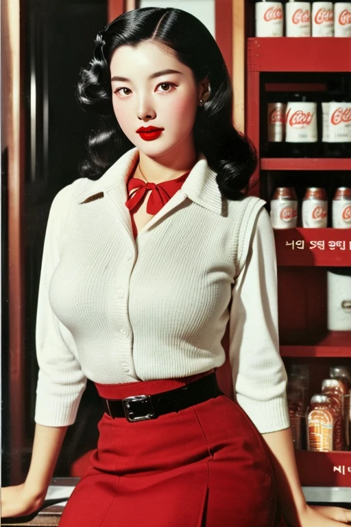 1952, Seoul, (1 korean young girl), Coca Cola Advertisement, sweater vest, pencil skirt, storage room , Coke Girl, (big breasts, strikingly beautiful, delicate facial features, porcelain skin, expressive eyes, black hair, red lips), (hairstyle of the 1950s)