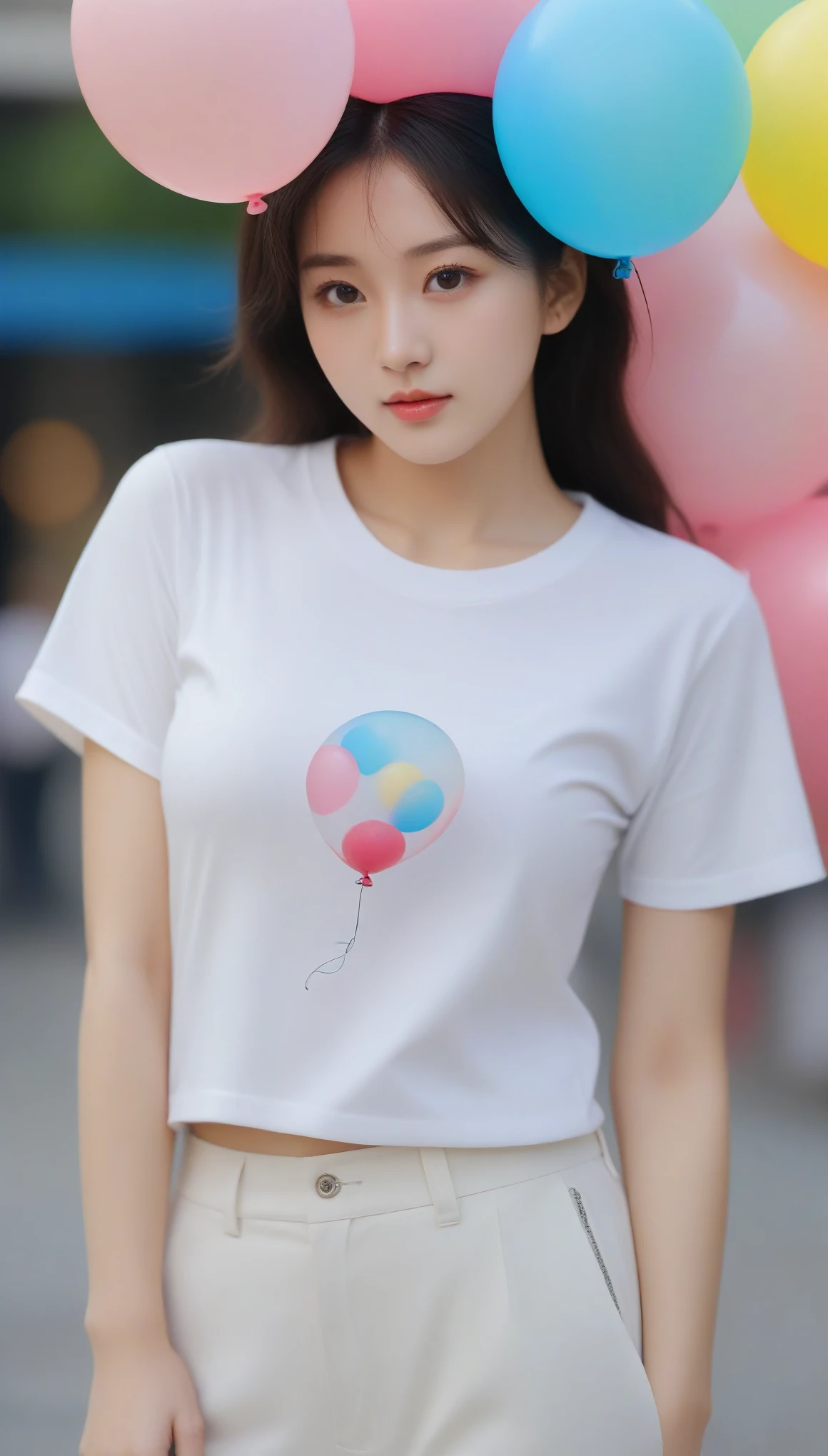 Extreme close-up of beautiful korean female, 34 inches breasts size, wearing t-shirt, necklace, pants, holding balloon, bokeh background, UHD