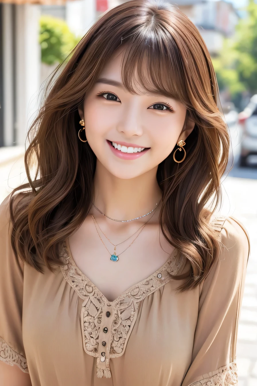 Beautiful young woman、 Korean women、Light brown hair、Wavy Hair、short hair、ear piercing、Necklace around the neck、blouse、smile、Laughing with your mouth open、Beautiful teeth alignment、Intricate details, Very detailed:1.2), 、 Looking into the camera,The background is the town