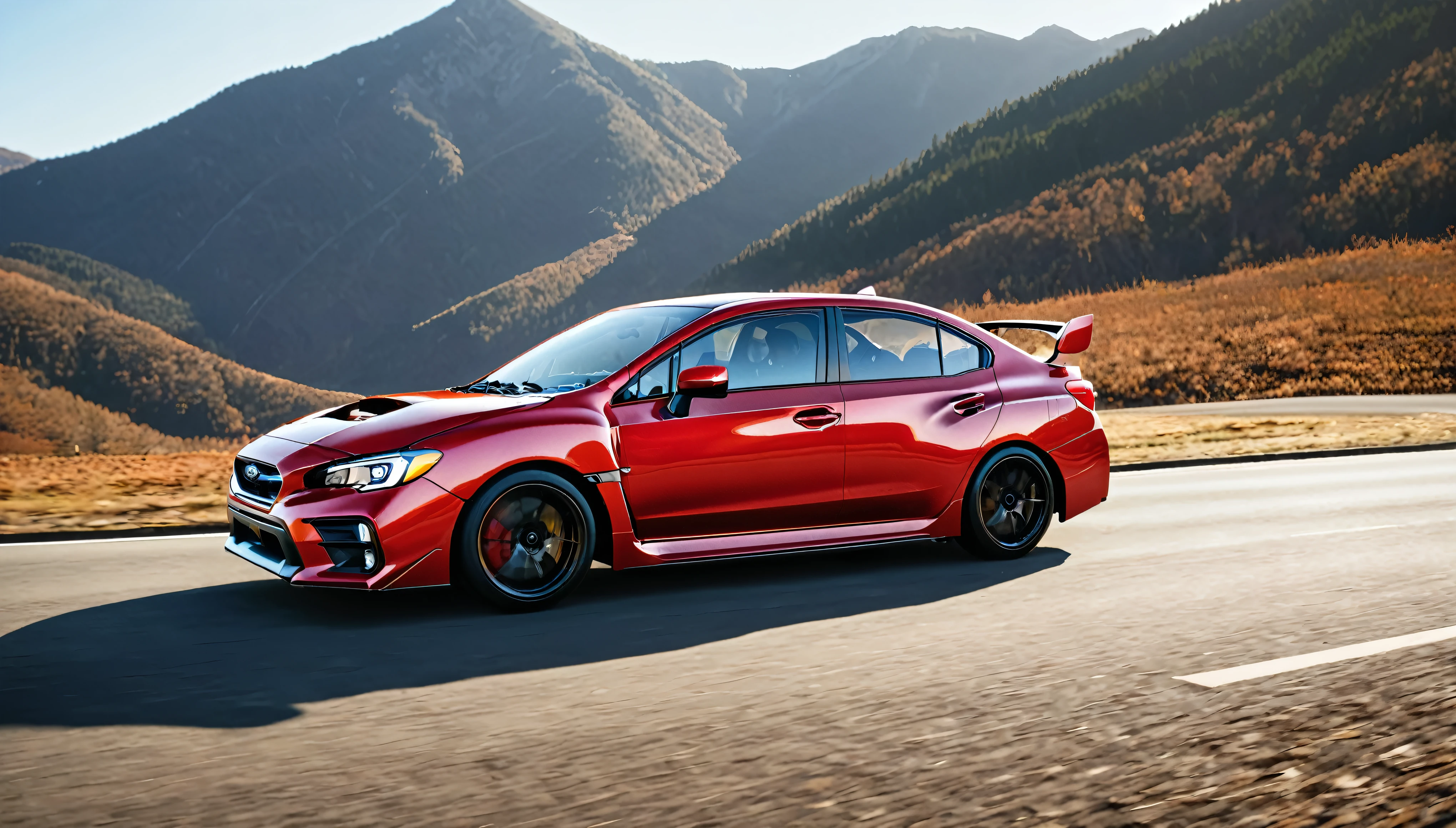 A red 2020 Subaru WRX STI、A scene of cruising on the public road bathed in warm light.、Picturesque mountain々Against the backdrop of、Photorealistic and hyper-realistic、And it's an absolutely stunning depiction.。This high-definition masterpiece is packed with attention to detail.、It feels like you're stepping out of the wallpaper onto the road。The sun sets behind the mountains、Casts a long, dramatic shadow、Adding a touch of surrealism to this car enthusiast's dream。