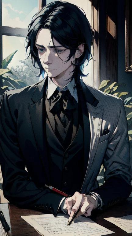 (absurdres, highres, ultra detailed), 1 male, adult, handsome, Severus snape, sitting at desk, writing on paper, open books on desk, looking at viewer, annoyed look, handsome, slight blush, potion bottles in background