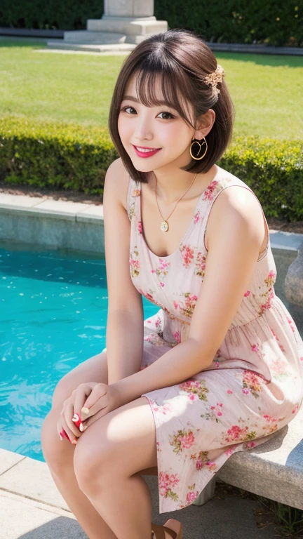 (8k, Photorealistic, Raw photo, Highest quality: 1.4),Japanese idol style1Beautiful girl of the person,18-year-old,Short bob hairstyle,Natural Waves,Silver Hair,She has her hair tucked behind her ears,She has small earrings in her ears,Big, clear grey eyes,Long eyelashes,Plump Cheeks,She is wearing pale pink lipstick.,Apply gloss over your lipstick for glossy, plump lips,Smiling,A short pendant is hanging around her neck.,The nails on both hands are painted with light pink nail polish.,Both toenails have red nail polish,(She is wearing a long, sleeveless, floral dress,(Tan :1.2)),wearing sandals on bare feet,sitting on a bench in front of a park fountain,Full body portrait