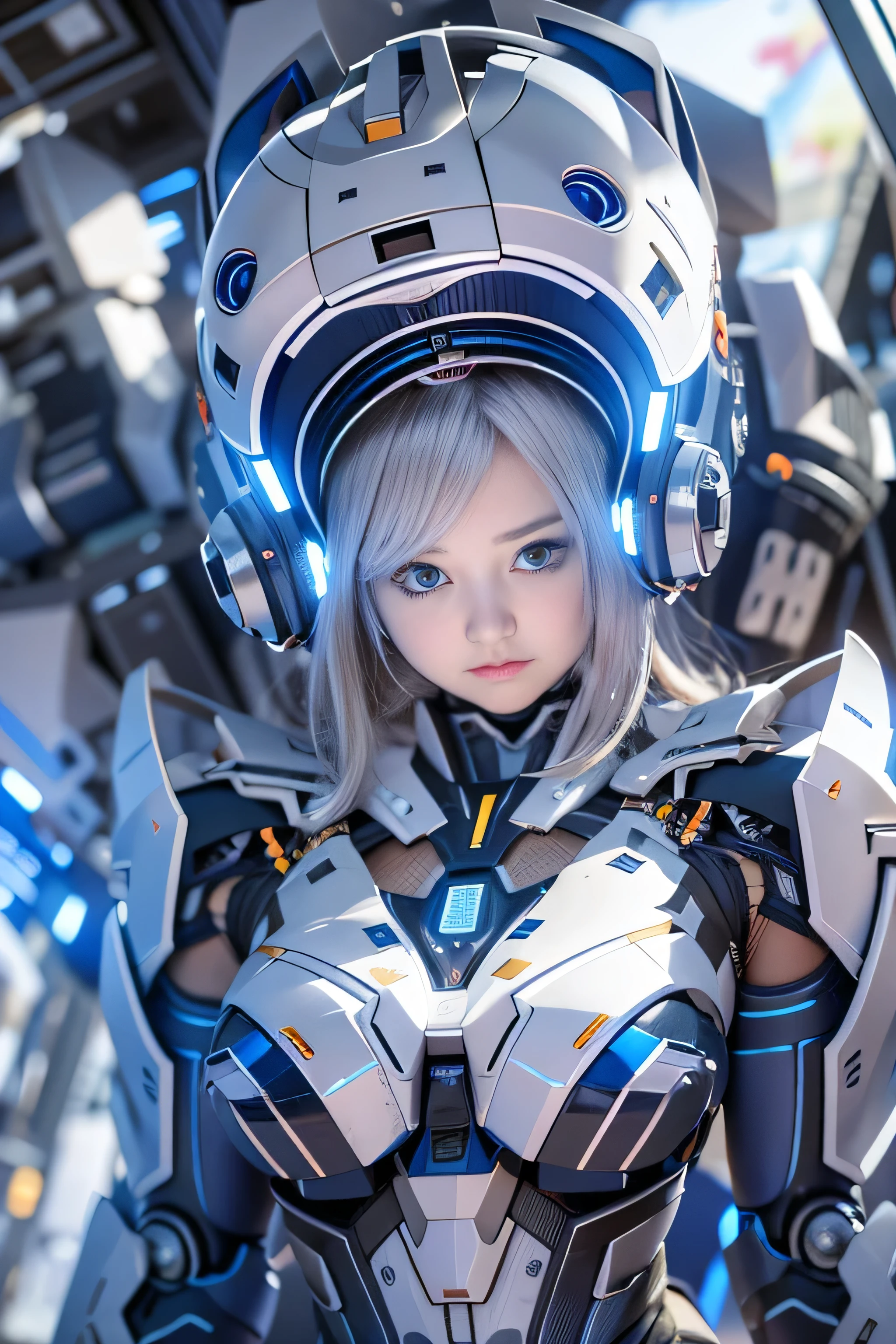 Wide-angle shot, 1 female, Mecha, Sparkling blue eyes, Very cute face, (Realistic:1.37), Biomechanical, Complex robot, Spaceship interior bokeh background, Ultra-realistic, Very detailed, Very intricate details, Beautiful woman in sharp focus, Exposed abdomen,