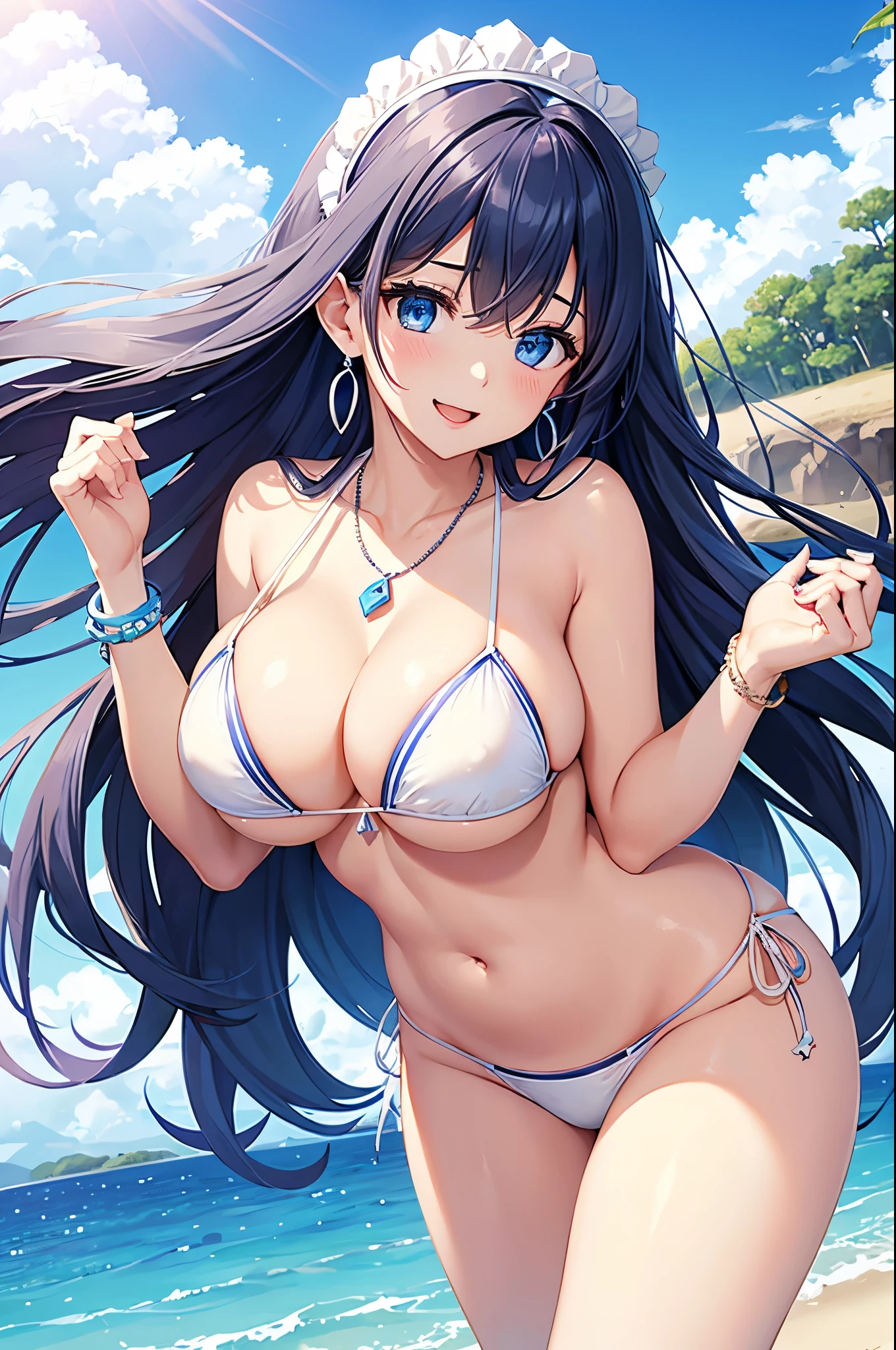 highest quality、highest quality、masterpiece、beautiful girl、Navy blue long hair、blue eyes、(Sexy White Bikini:1.3)、Big cleavage、(Big Breasts)、smile、blue necklace、Blue Earrings、background(Beach)、Please open your mouth wide、White headband、bracelet、Dynamic pose