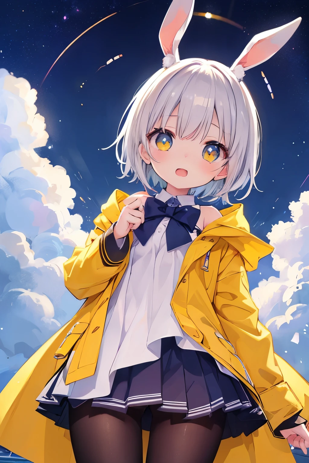 Browsing Caution,Yellow Raincoat、Bunny girl、Rabbit ears、Very beautiful and Shining Eyes、Shining Eyes、1 girl、Small breasts、Big Mouth、high school girl、Small breasts、Transparent silver short hair、7--old l