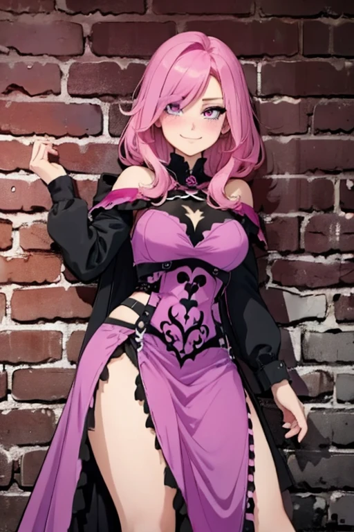 A pink haired female reaper with violet eyes with an hourglass figure in a cool dress is leaning against a brick wall with a blush and a smile