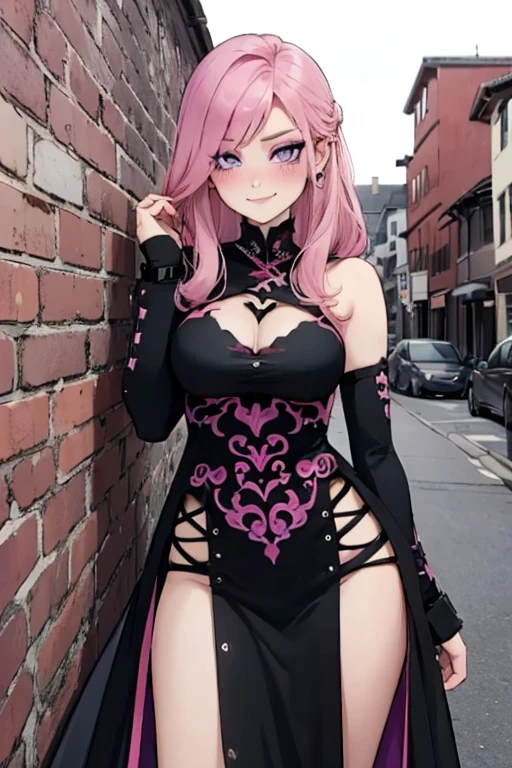 A pink haired female reaper with violet eyes with an hourglass figure in a cool dress is leaning against a brick wall with a blush and a smile