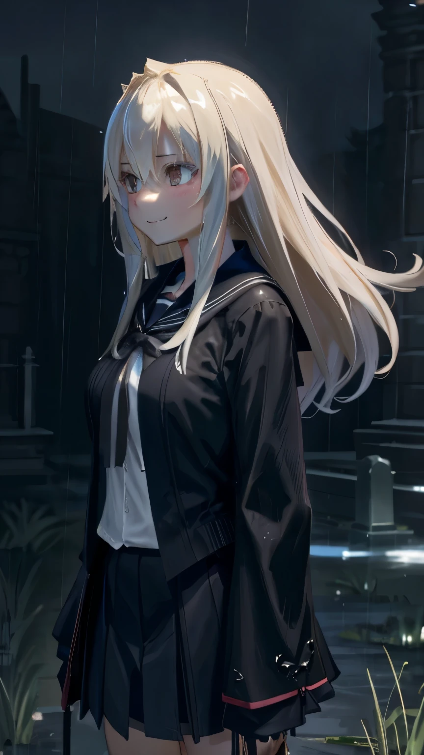 In a graveyard in the dark late at night、１２age、Low Leg、Low rise、（（（Realistic background image）））、Crystal clear white skin、（（The whole body of the girl is reflected））、Waist-length platinum blonde hair、The skin is transparent、Make your expressions more realistic、Thin, soft and smooth hair、Highlighting wrinkles in clothes、highest quality、High resolution、Extremely detailed 8K、 (Ultra HD、Super detailed、Very detailed、Very realistic、Ultra-realistic、Photo Real)、One girl、One thumb、Refers to four books、smile、Beautiful girl with slim body、Cute Japanese school uniforms、Too much exposed skin、in an angry pose、Wet with rain、Hair blowing in the wind、