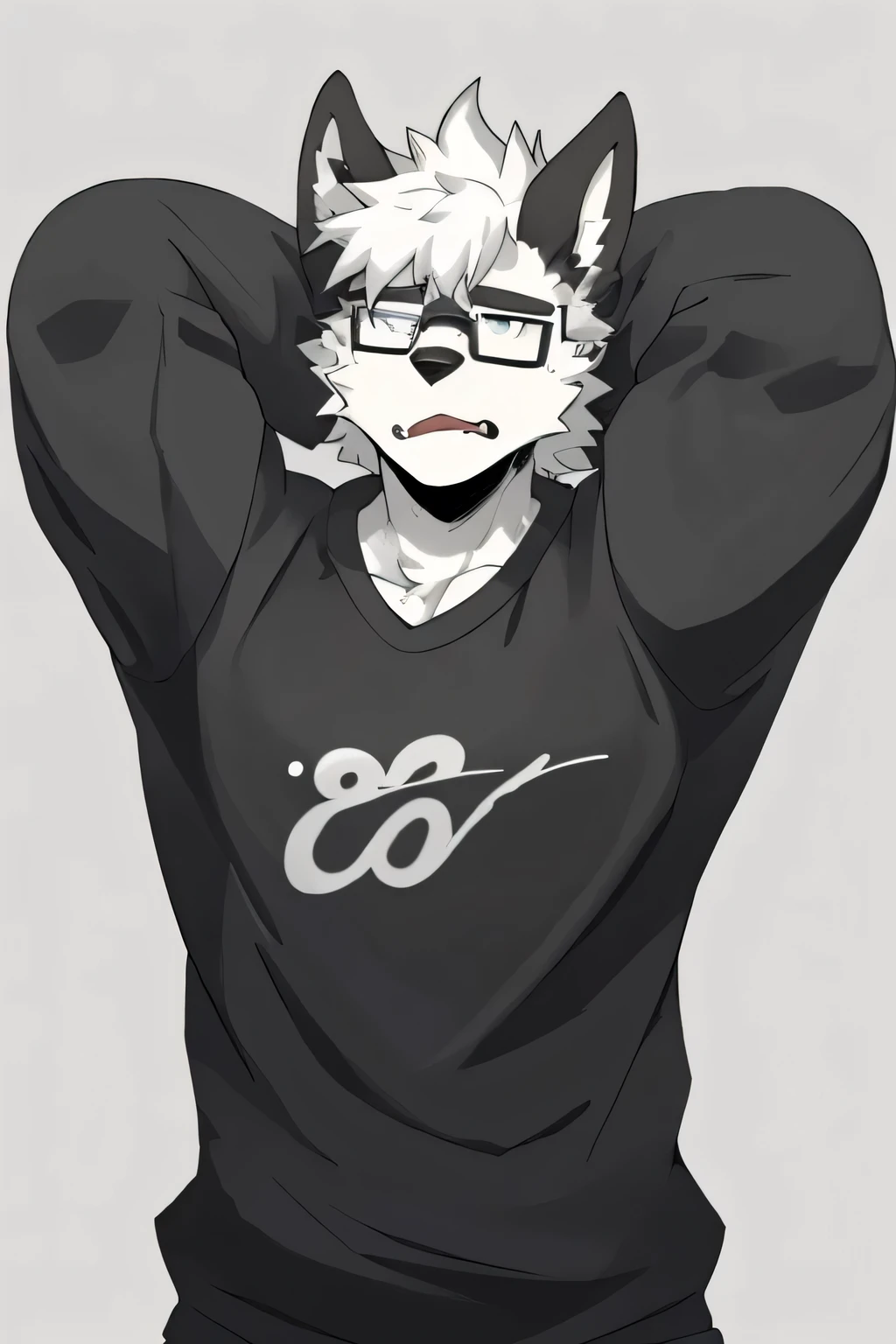 masterpiece, Solitary, Furry dog, black and white hair, Muscular body, Front view, Unhappy expressions,tired, aldult, open mouth, Lifeless eyes,Dark circles, Casual Wear, Very humble gesture good morning,Glasses,sorrowful,