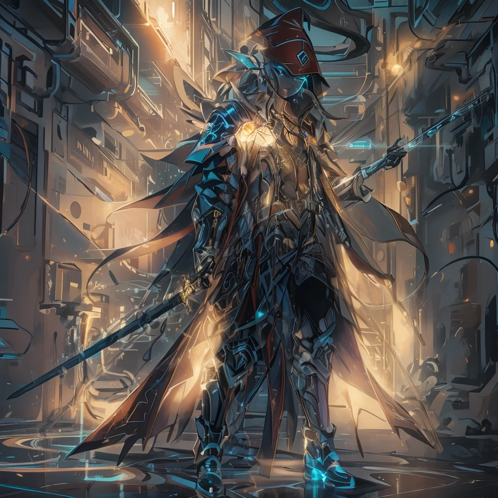 human Sorcerer secret agent, full body, wearing an elegant suit made with fine fabric and with magic circuits, holding in both hands a sword with a long handle with magical carved details glowing, whole rabbit ears, human face, glowing eyes, RPG fantasy, tanned skin, neon punk, art book, Studio ghibli, wide setting, in the middle of a magical cyber punk retro metropolis, magical light reflected in the hair and ear, aura of light, stylish pose, side view
