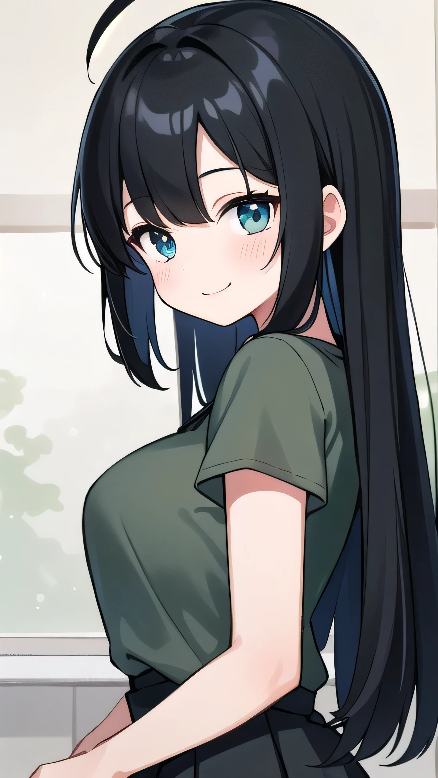 Junior high school student who looks like an elementary school student, 14 years old, very short, 140 cm tall, black hair with a slight green tinge, short ahoge, beautiful long hair but with a little hair sticking out, beautiful round eyes, blue eyes, smile, boyish, big breasts,  long hair, childish face, gentle smile, a little shy, black hair with a slight green tinge, boyish, gentle smile,, ( Deep greenish black hair: 1.3)