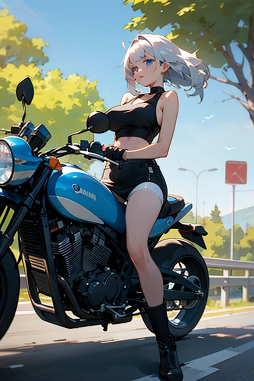 Hiten_kei style, oil painting, rough style, desert, neon light signage, cyberpunk, cactus, (1girl), extreme detailed, highest detailed, unity 8k wallpaper, ultra detailed, masterpiece, best quality, topless, nipples, stomach, helmet, goggles, latex pants, barechests, waist pouch, salmon pink hair, ponytail, long hair, smiling, small breasts, arm strap, motorcycle, wet body, open mouth, armpit, upper teeth visible, cowboy shot