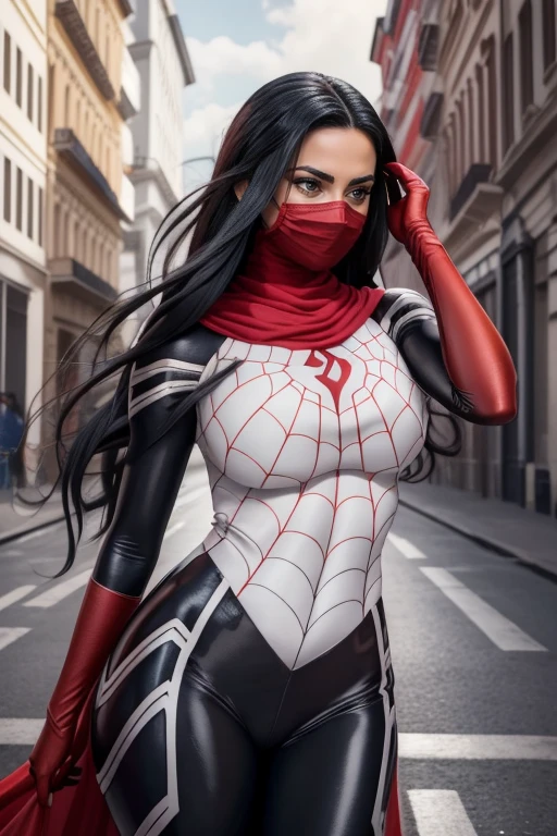 Cynthia Moon, seda, posando em um telhado, veste um (body preto justo do homem aranha) com um elegante, texturizado (white web-like patterns), o traje cobre todo o seu corpo, including her arms, perna, e torso, O terno inclui um (emblema vermelho da aranha) No peito, veste um (red mask) that covers her head, deixando apenas os olhos e a boca expostos, (Longas, flowing black hair), (full body render), (whole body view), detalhes finos, hyper realistic, disco Rigido, 4k, Definition, textura, Detalhe perfeito, rosto perfeito, Beautiful, hiper-realismo, trending on ArtStation