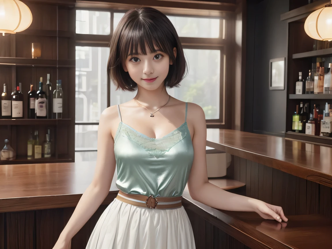 Ultra HD、8K、(1 female:1.2. Beautiful and natural、High-quality texture, Intricate details, Fine texture, High detail, Extremely detailed CG, High Quality Shadows, Realistic facial expressions, Beautiful and delicate down to the last detail, Beautiful and delicate eyes, Brown pupil, Perfectly balanced face, Written boundary depth, Cinematic Light, Lens flare, Ray Tracing,perspective, (Big eyes:1.2), Perfect body,Dutch Angle,Excellent anatomy,, elegant, Bright colors, 、Waist、Small Mouth、((Silけ-colored clothes))、((bar))、((furubody))、15 years old、(Very short hair/Ultra short),night、night scene、((Ultra short hair、Berry Short))、Straight bangs、((one person))、smile、Silk Camisole、Silk A-line skirt、Silk-colored clothes、Large Breasts、"dwarf" shiny clothes、