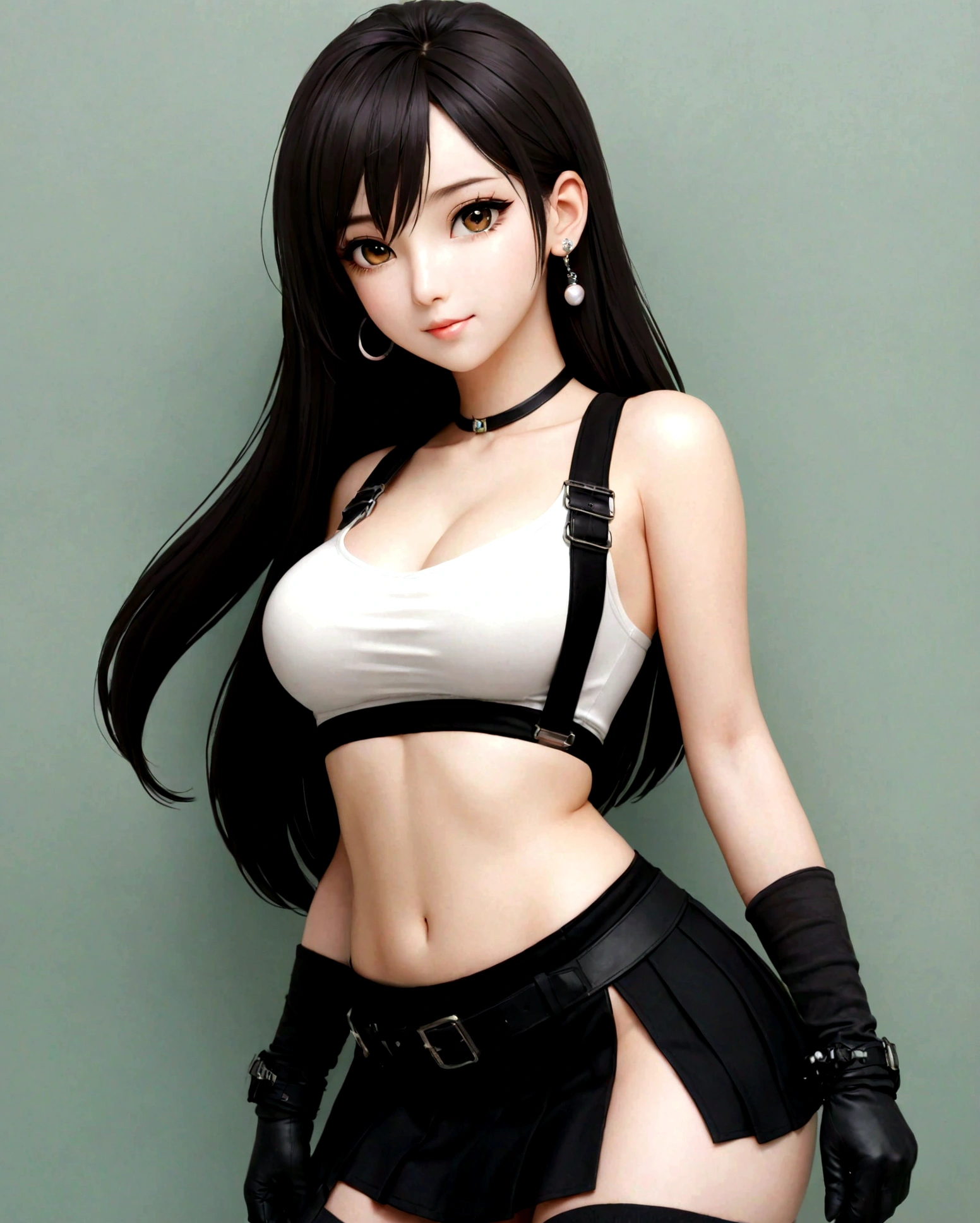 1 girl，Upper Body，One hand on hip，One hand on waist，Bare shoulders，black hair，黑色的skirt，breast，earrings，无指Gloves，Gloves，Jewelry，大breast，Long hair，Mid abdomen，belly button，skirt，Suspenders裙，Suspenders，Vest，Tight clothing，tifa lockhart