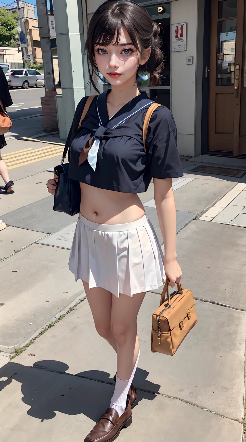 Japanese women、high school girl、Sailor suit summer uniform、Navy Pleated Skirt、I can see my belly button、White socks、loafers、Carrying a school bag